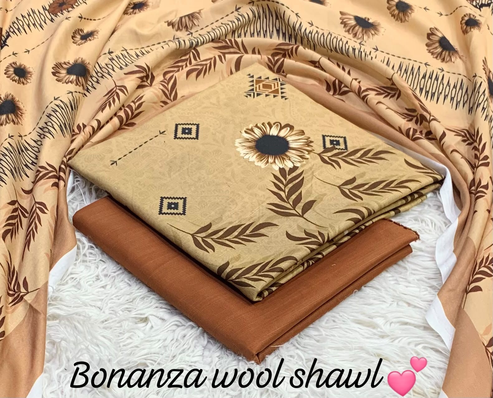 BONANZA KHADDAR WITH BUMBLE WOOL SHAWL 3PC - CAMEL BROWN