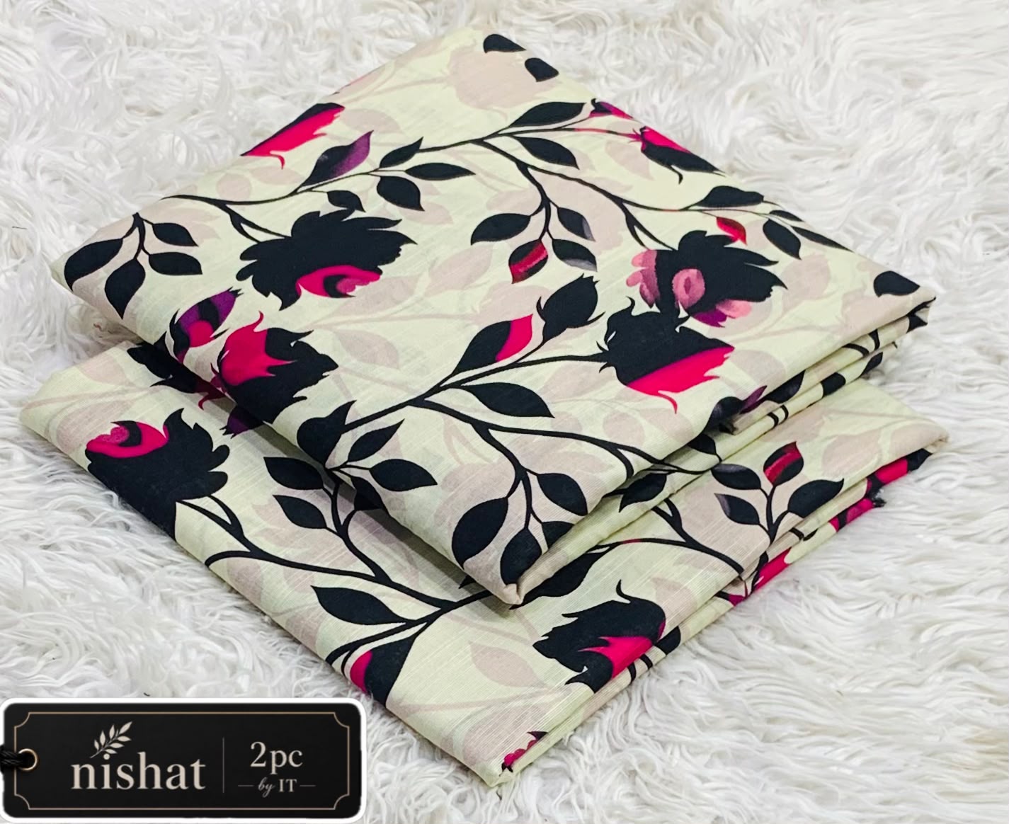 NISHAT ALLOVER KHADDAR 2PC BY IT - CREAM BLACK