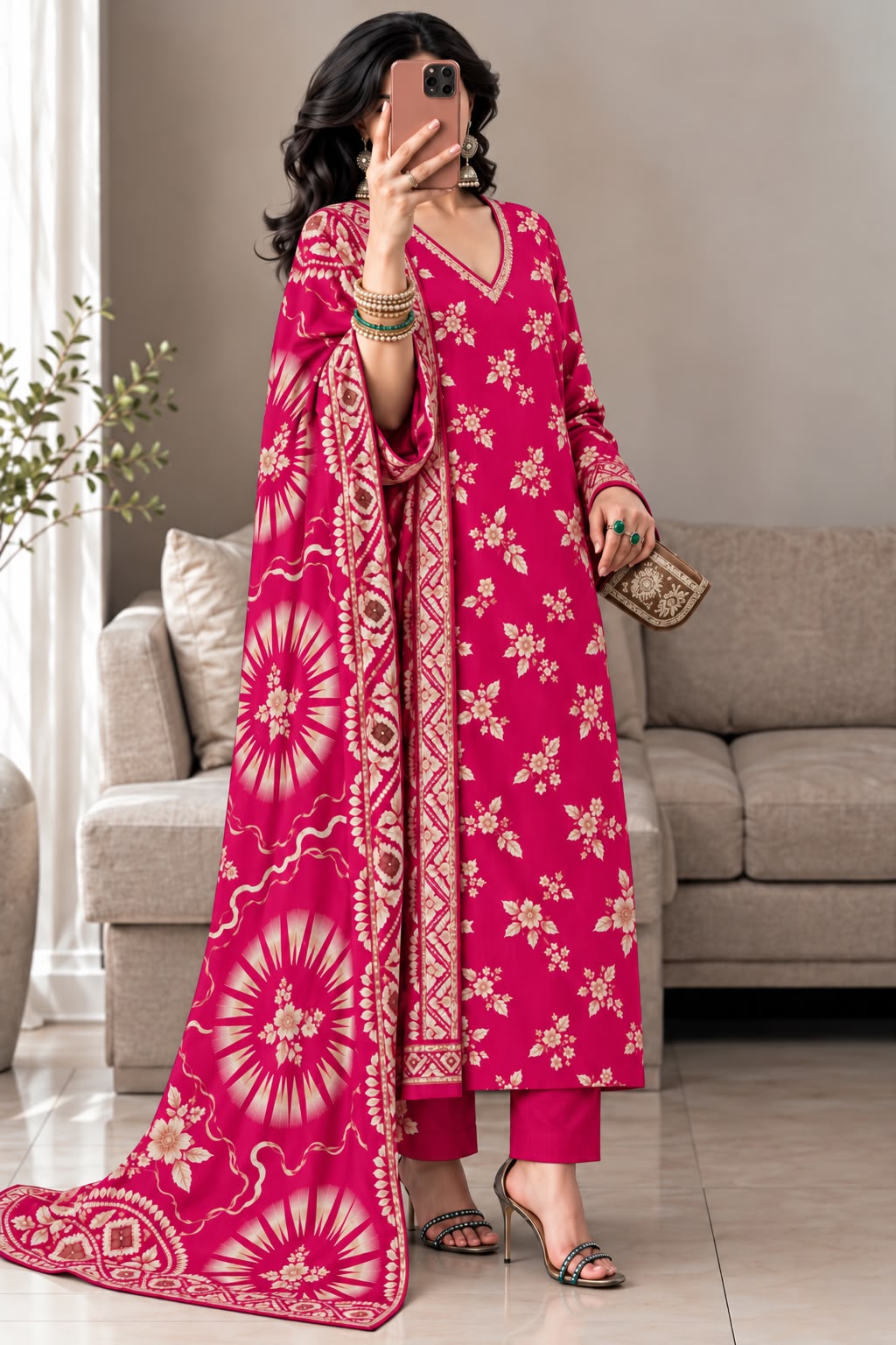 Dhanak Printed 3PC Suit - DESIGN 06
