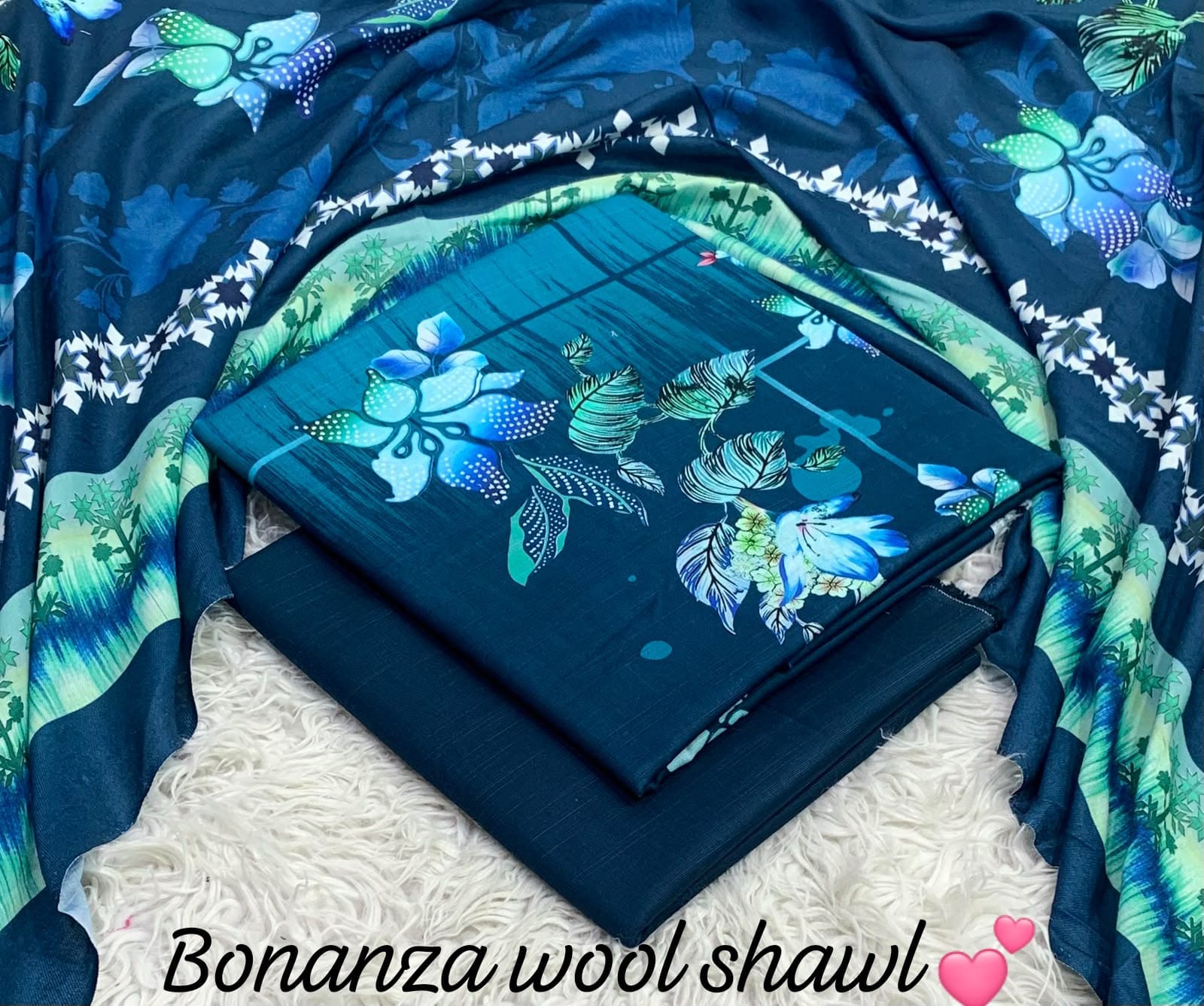 BONANZA KHADDAR WITH BUMBLE WOOL SHAWL 3PC - TEAL BLUE