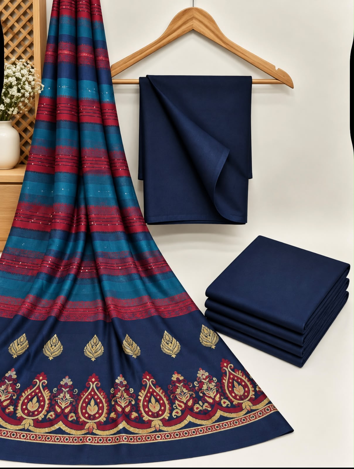BAREEZE DHANAK 3PC WITH PASHMINA 3D WOOL SHAWL - NAVY BLUE