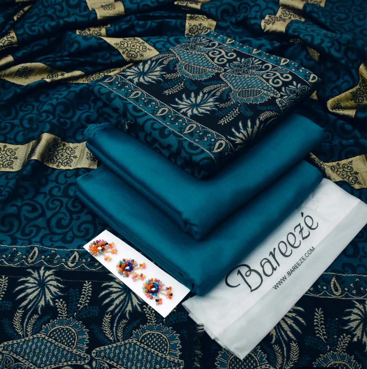 DHANAK MARINA 3PC WITH JACQUARD PASHMINA 3D SHAWL - TEAL