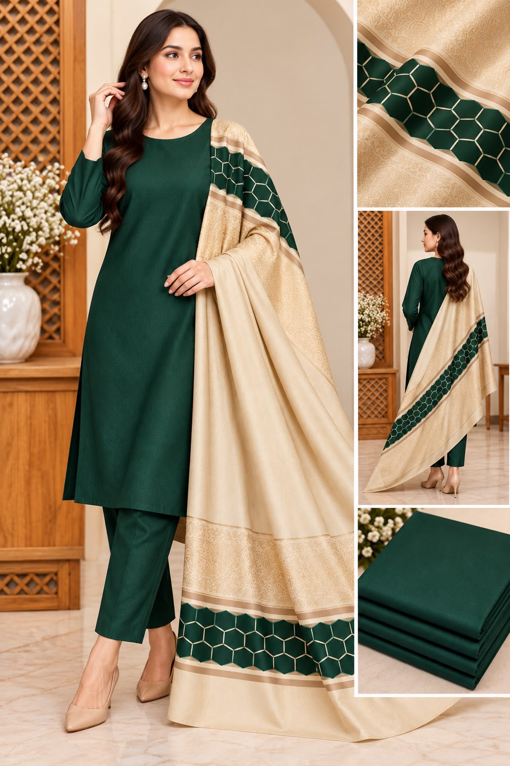 DHANAK MARINA WITH BANARSI JACQUARD PASHMINA SHAWL 3PC - BOTTLE GREEN