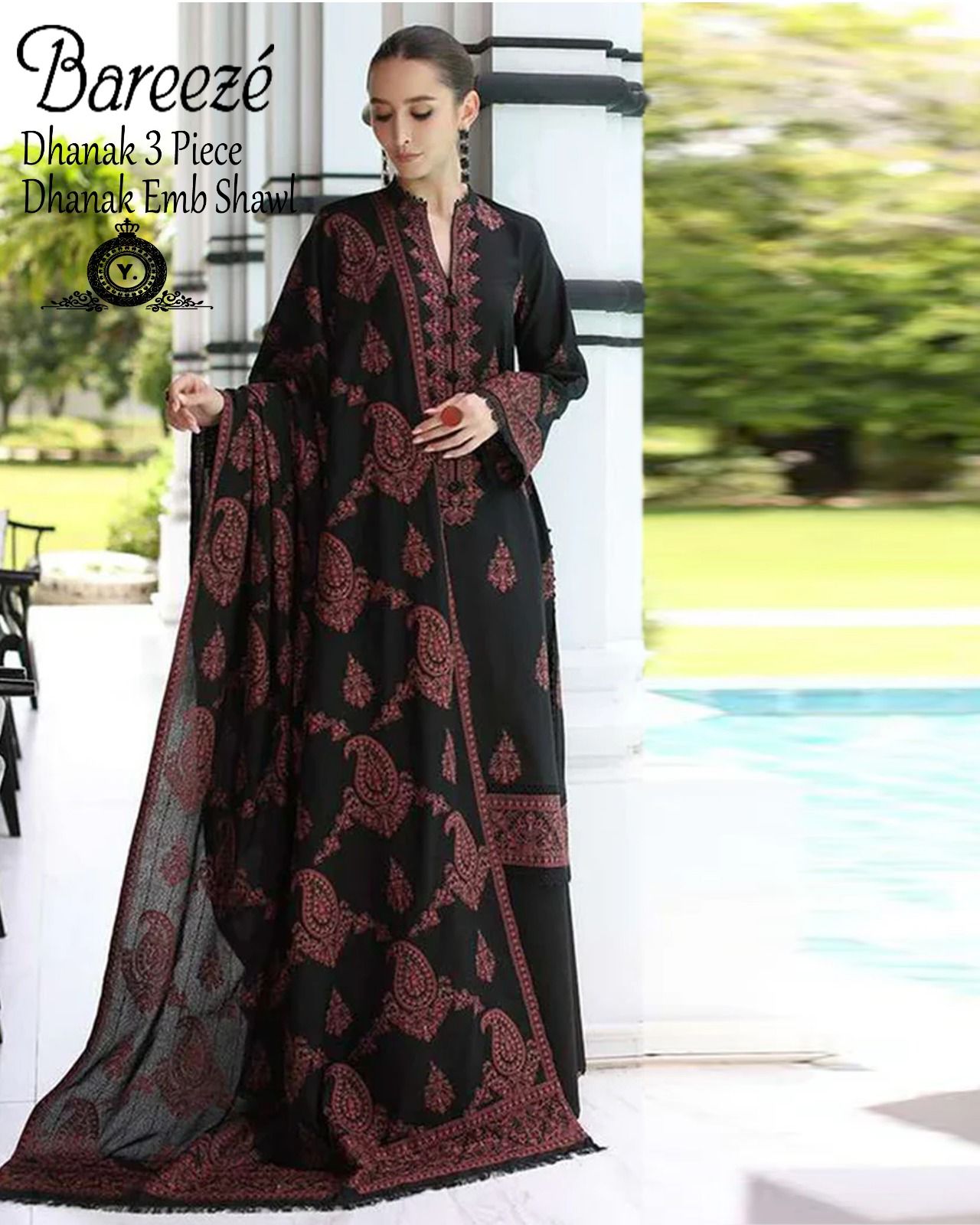 Dhanak 3pc Embroidered Suit with Embroidered Shawl - DESIGN 27