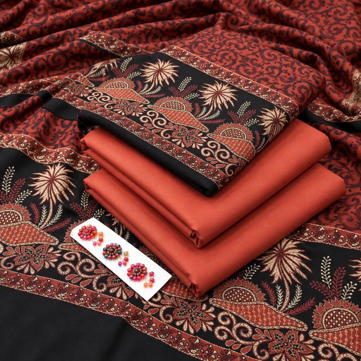 DHANAK MARINA 3PC WITH JACQUARD PASHMINA 3D SHAWL - RUST