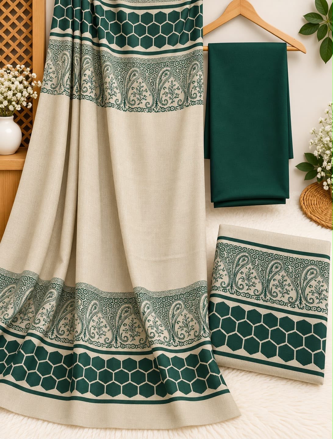BROSHIA JACQUARD ACRYLIC PASHMINA VELVET SHAWL WITH DHANAK 3PC - BOTTLE GREEN
