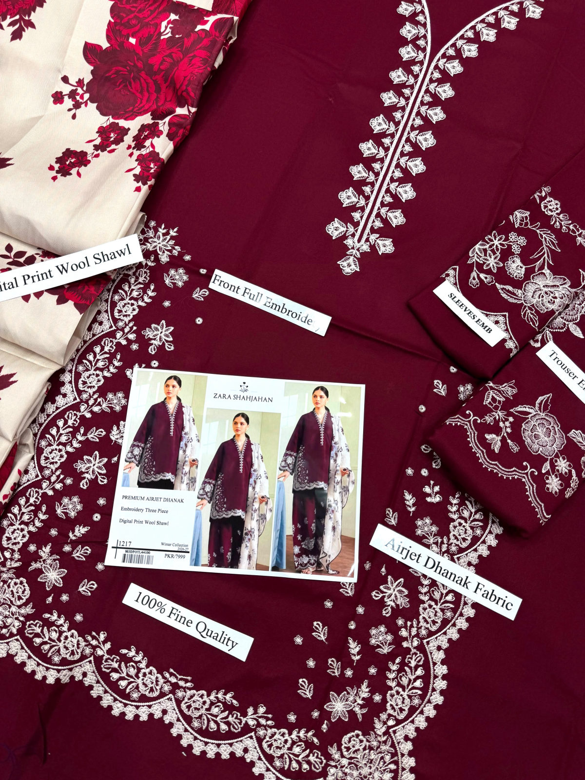 ZARA SHAHJAHAN PREMIUM AIRJET DHANAK WITH DIGITAL WOOL SHAWL - MAROON