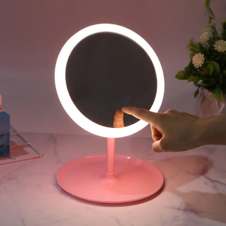 Pink LED Makeup Mirror with Storage Tray