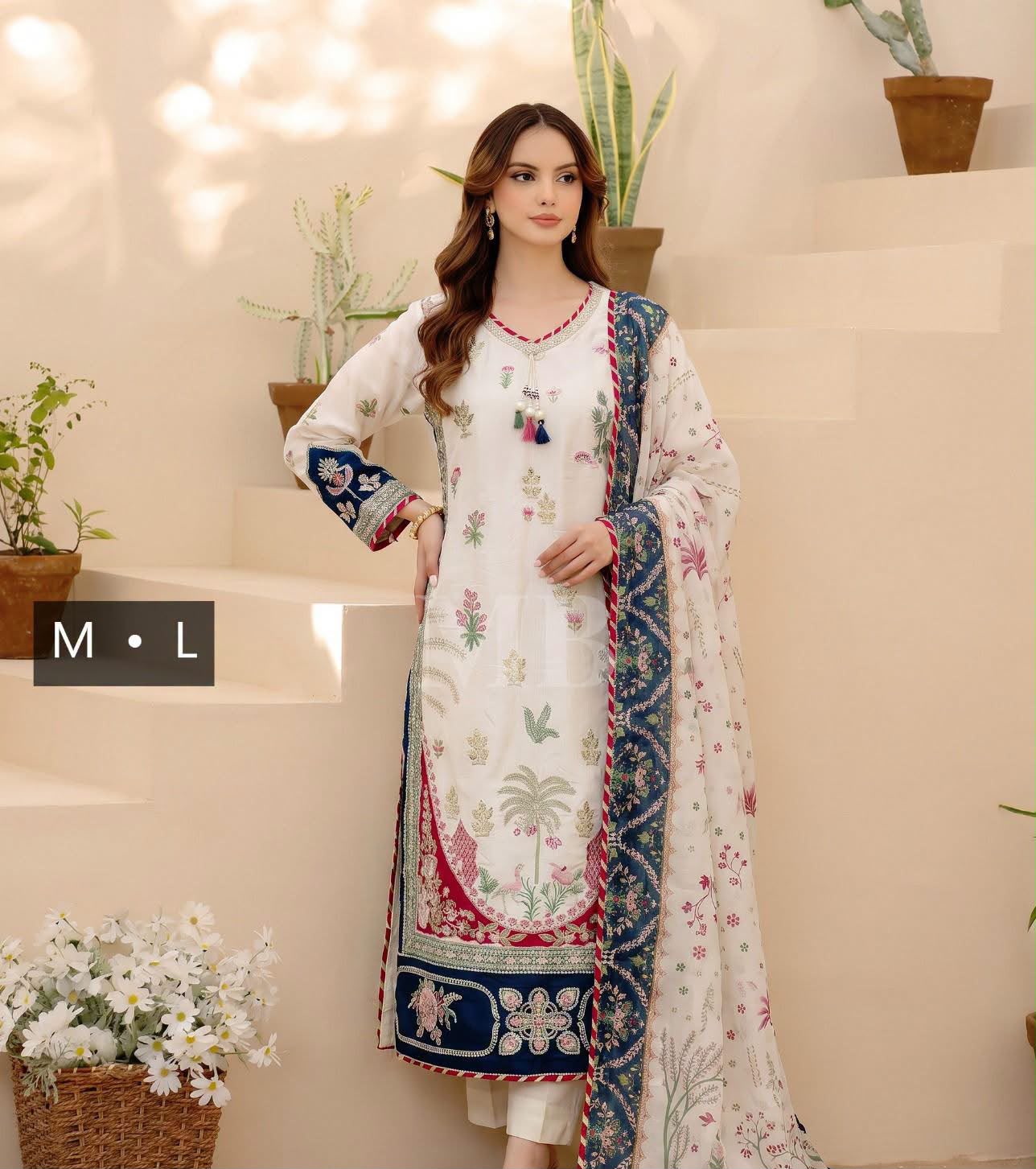 ETHNIC 1442 AIRJET DHANAK WITH DIGITAL WOOL SHAWL - WHITE