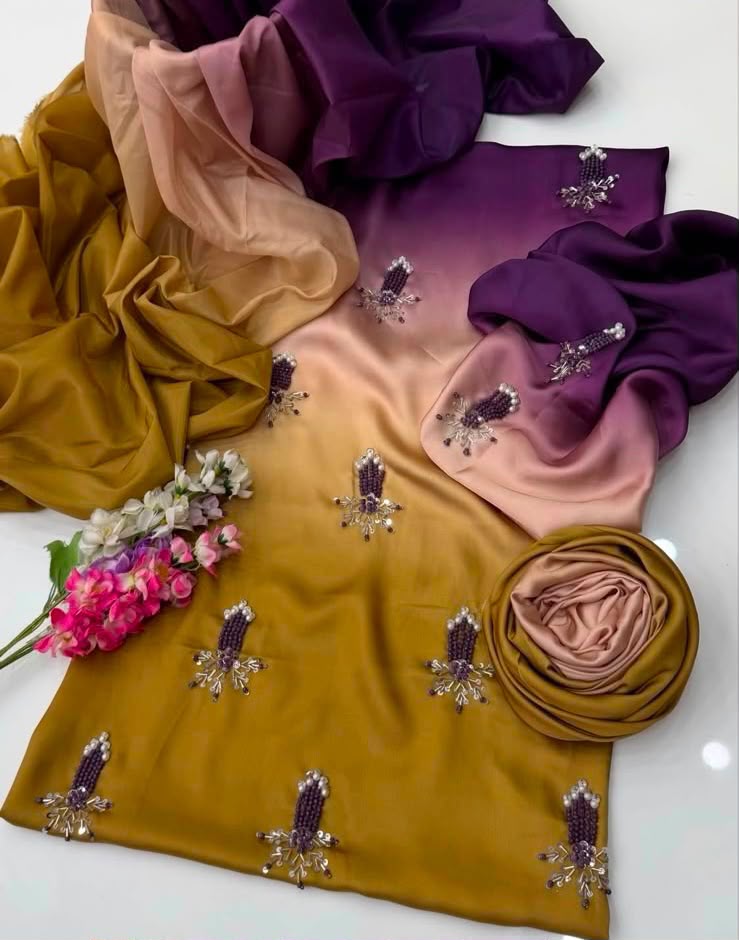SHAMOZE SILK DIGITAL TIE AND DYE 3PC MARKET COPY - MUSTARD PLUM