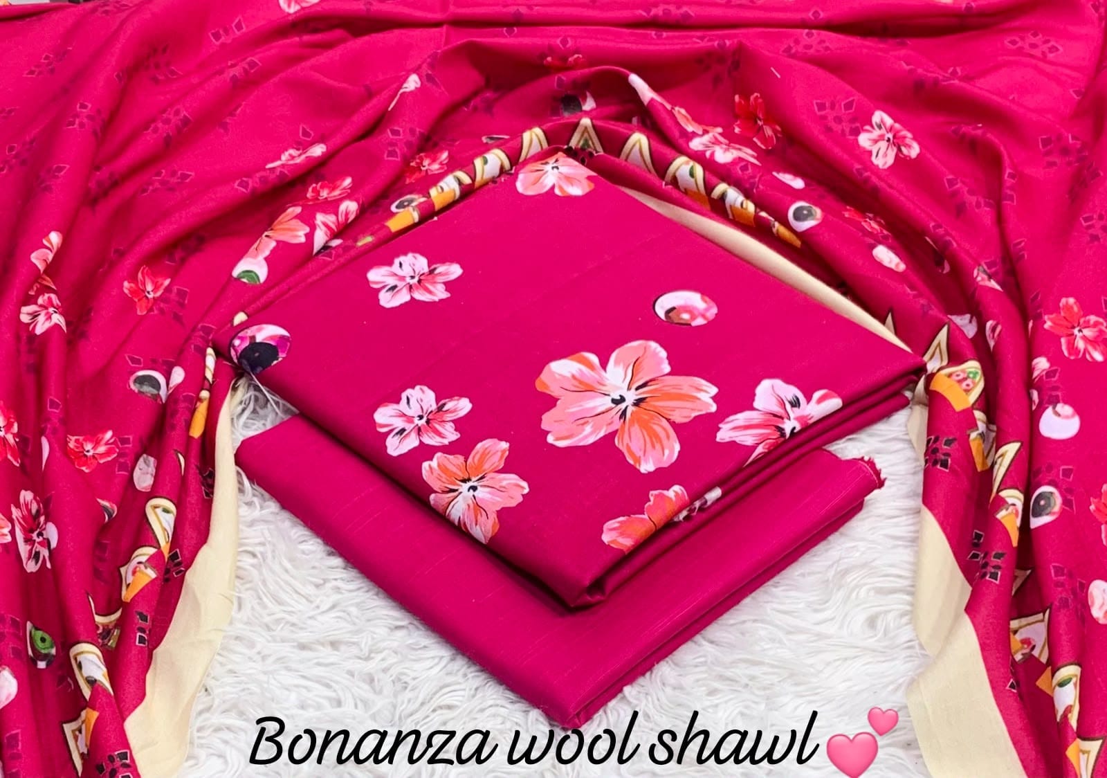 BONANZA KHADDAR WITH BUMBLE WOOL SHAWL 3PC - HOT PINK