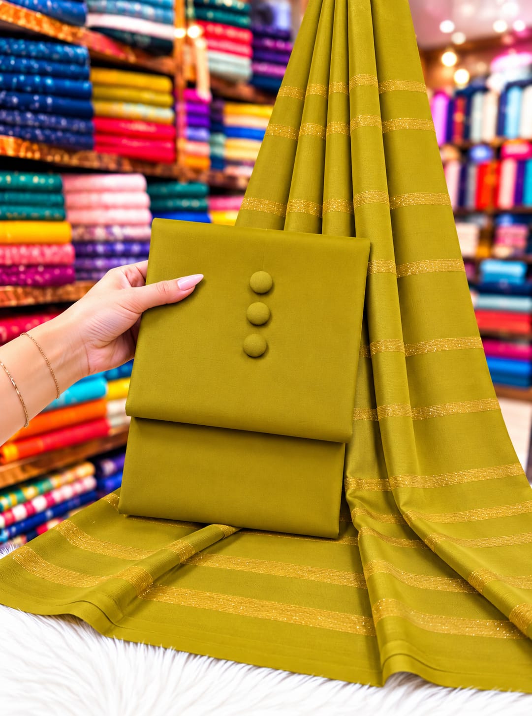 DHANAK SHAWL WITH CHAMKI VELVET STRIPS 3PC - LIME