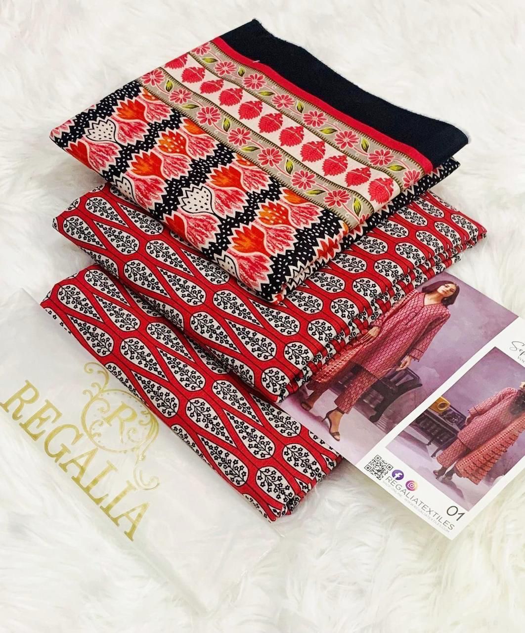 REGALIA ORIGINAL 3PC PRINTED KHADDAR COLLECTION - RED BLACK