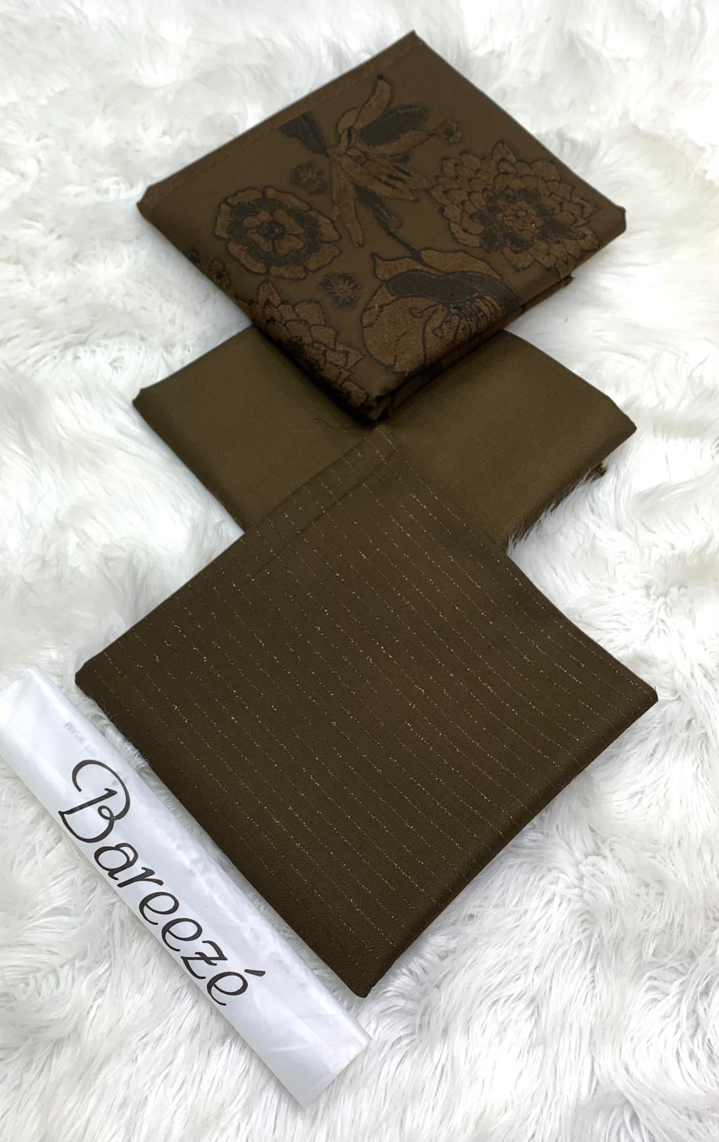 BAREEZE VELVET DHANAK 3PC WITH BROSHIA SHAWL - BROWN