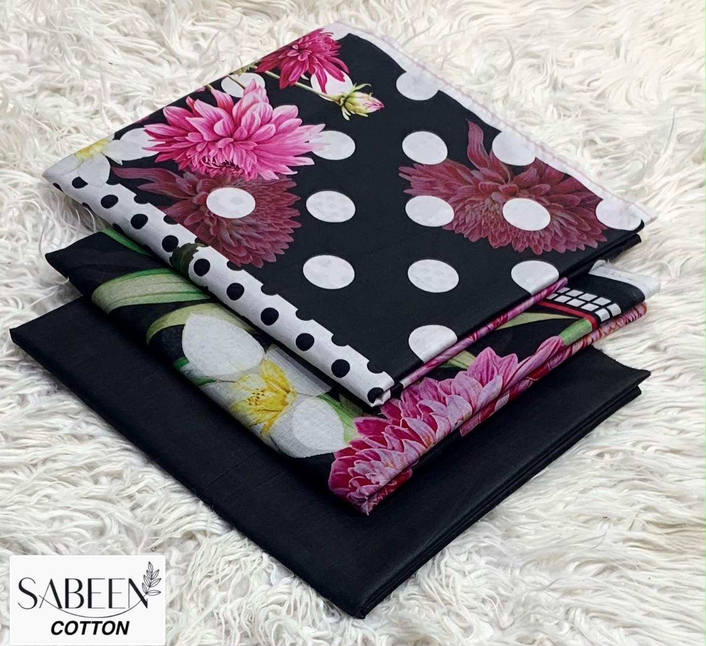 SABEEN COTTON ORIGINAL 3PC - BLACK POLKA