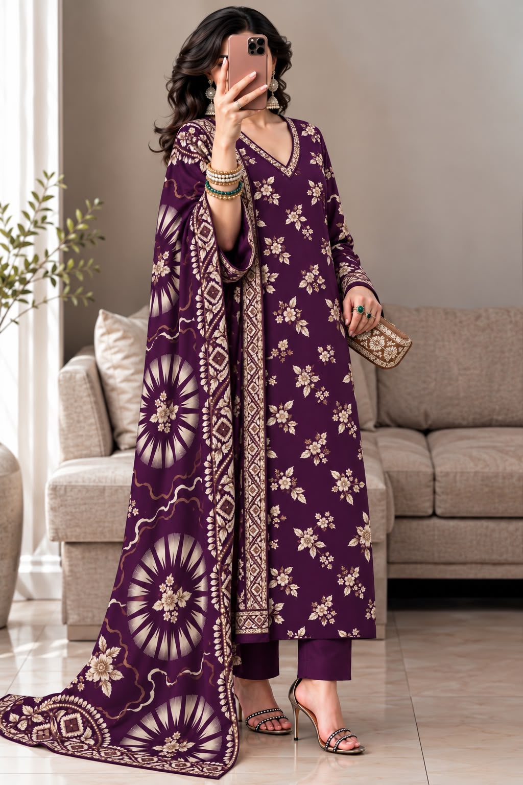 Dhanak Printed 3PC Suit - DESIGN 04