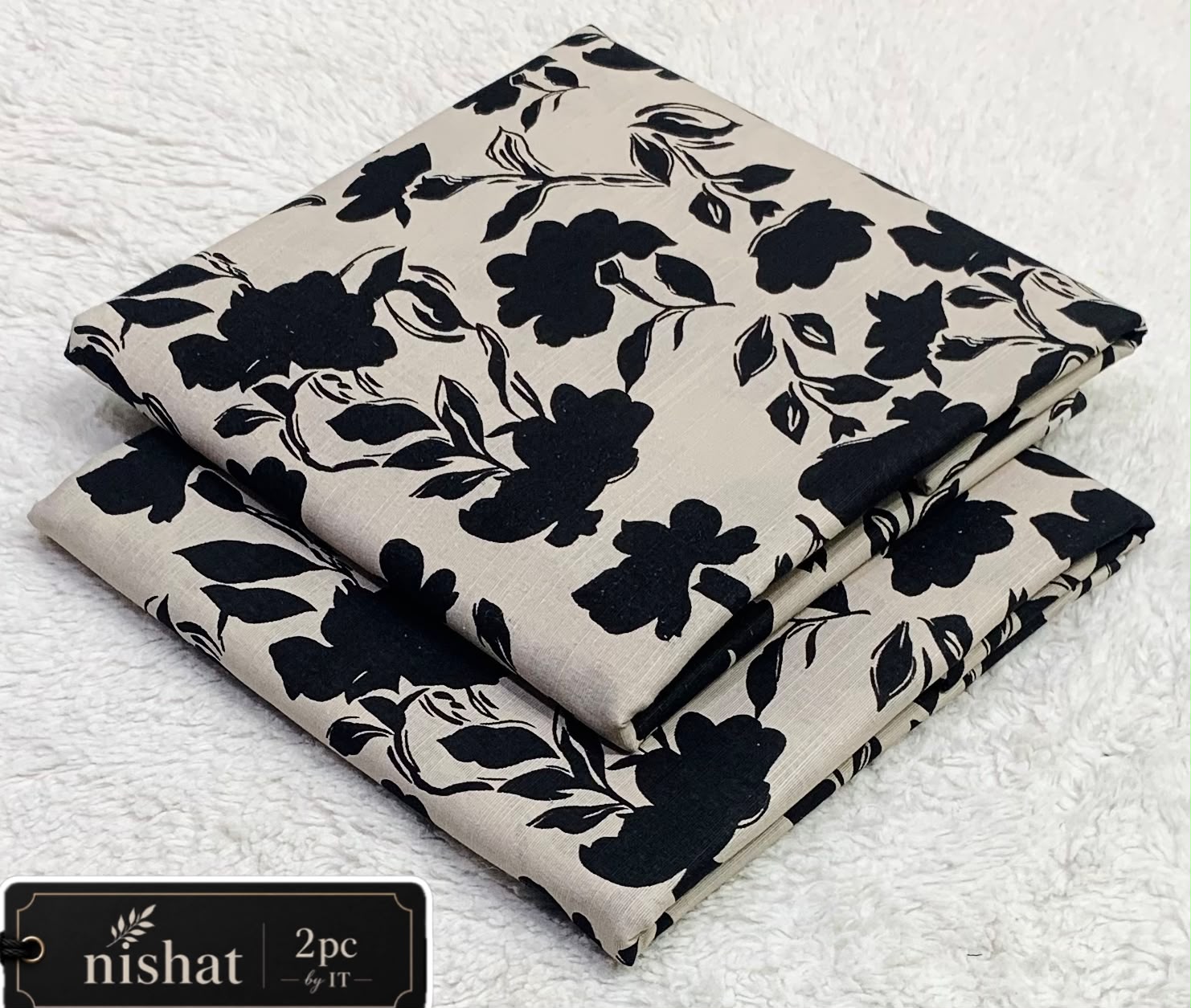 NISHAT ALLOVER KHADDAR 2PC BY IT - CREAM BLACK LEAF