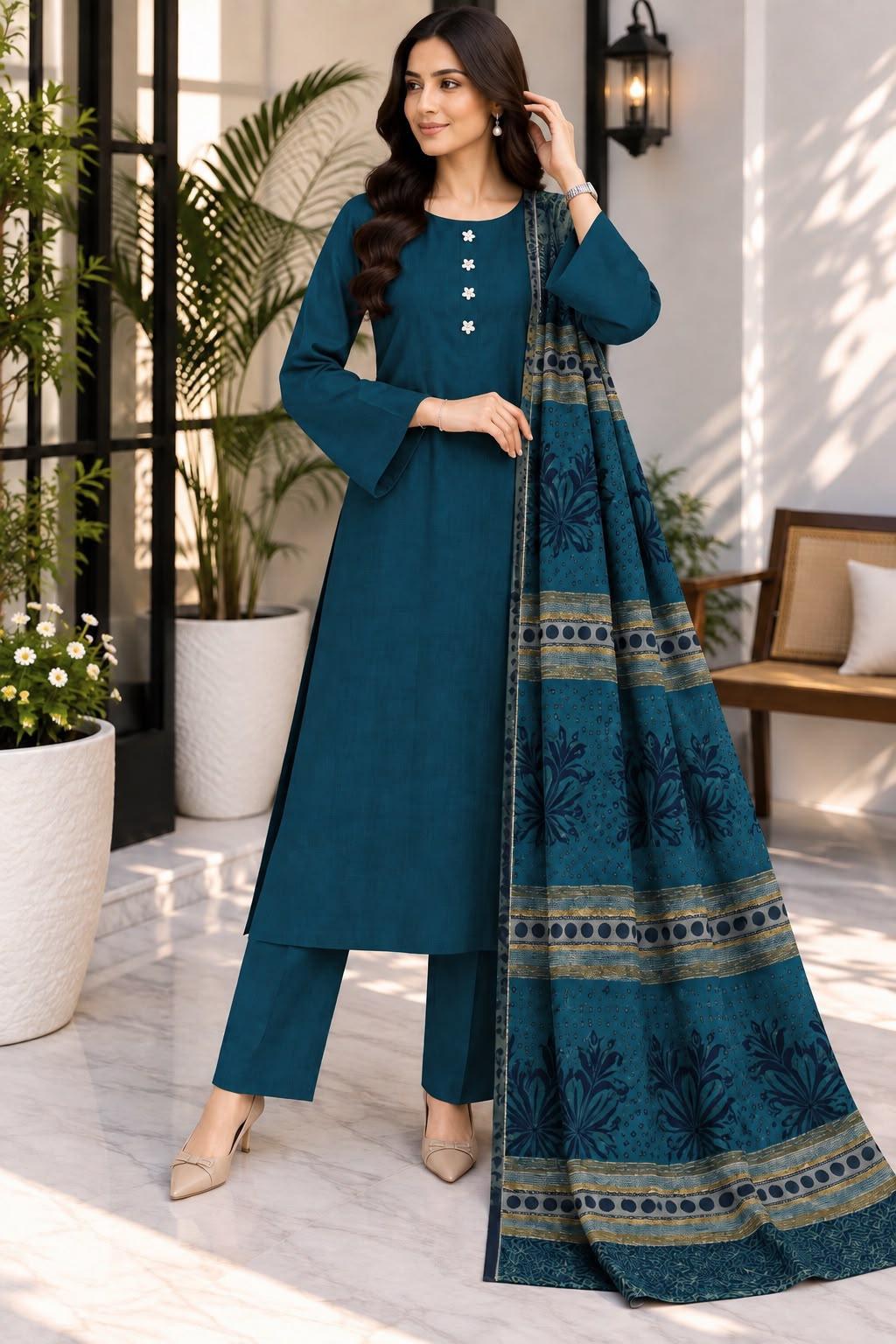 BROSHIA JACQUARD PASHMINA 3D BORDER SHAWL WITH DHANAK 3PC - TEAL