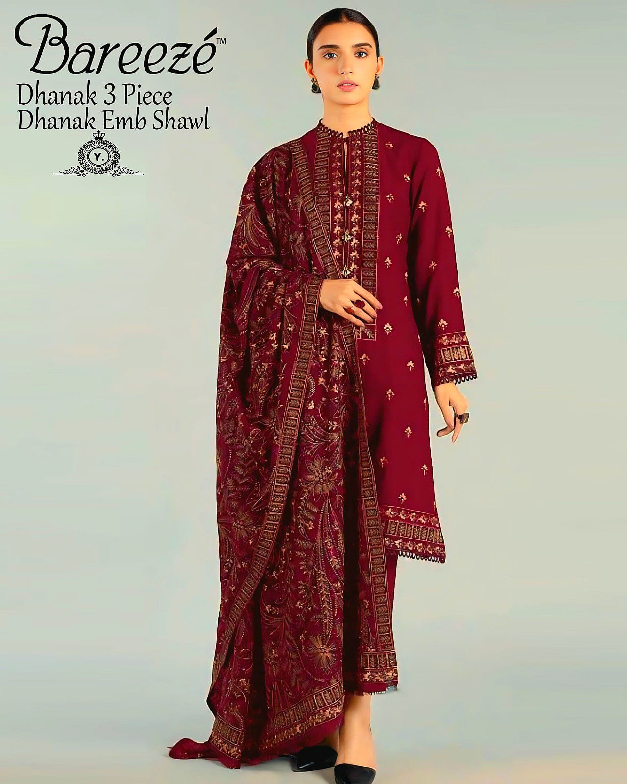 Dhanak 3pc Embroidered Suit with Embroidered Shawl - DESIGN 31