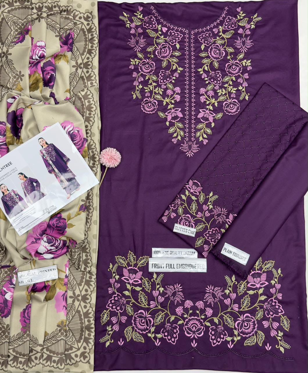 ZARA SHAHJAHAN PREMIUM AIRJET DHANAK WITH EMBROIDERY DHANAK SHAWL CODE 2223 - PURPLE