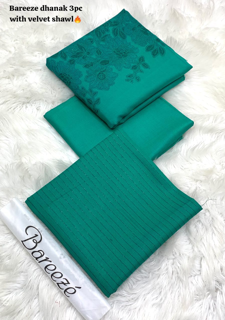 BAREEZE VELVET DHANAK 3PC WITH BROSHIA SHAWL - TEAL