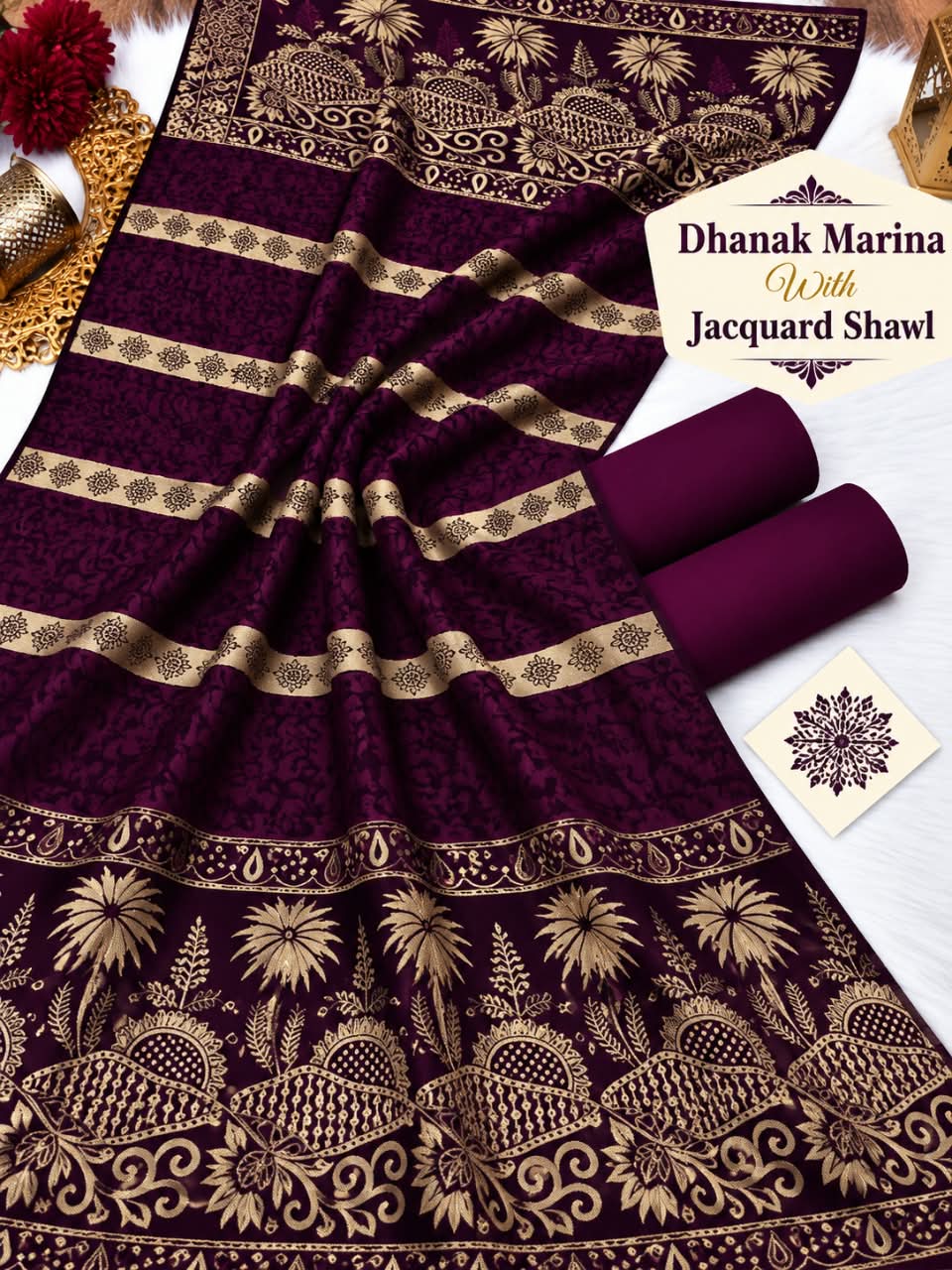 DHANAK MARINA 3PC WITH JACQUARD PASHMINA WOOL SHAWL (NEW) - PLUM