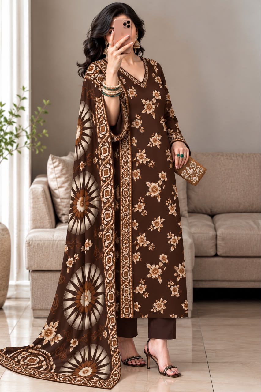 Dhanak Printed 3PC Suit - DESIGN 03