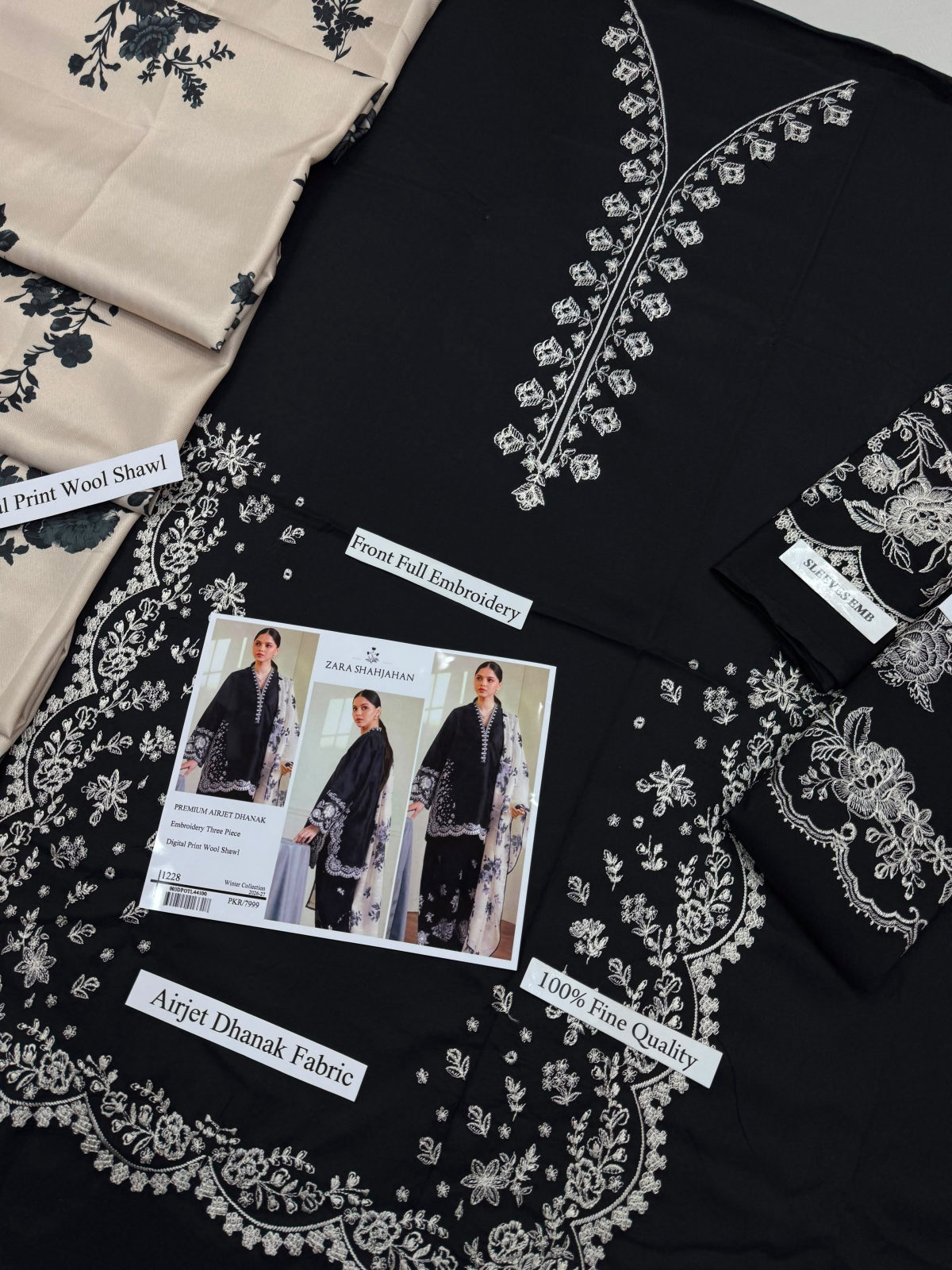 ZARA SHAHJAHAN PREMIUM AIRJET DHANAK WITH DIGITAL WOOL SHAWL - BLACK