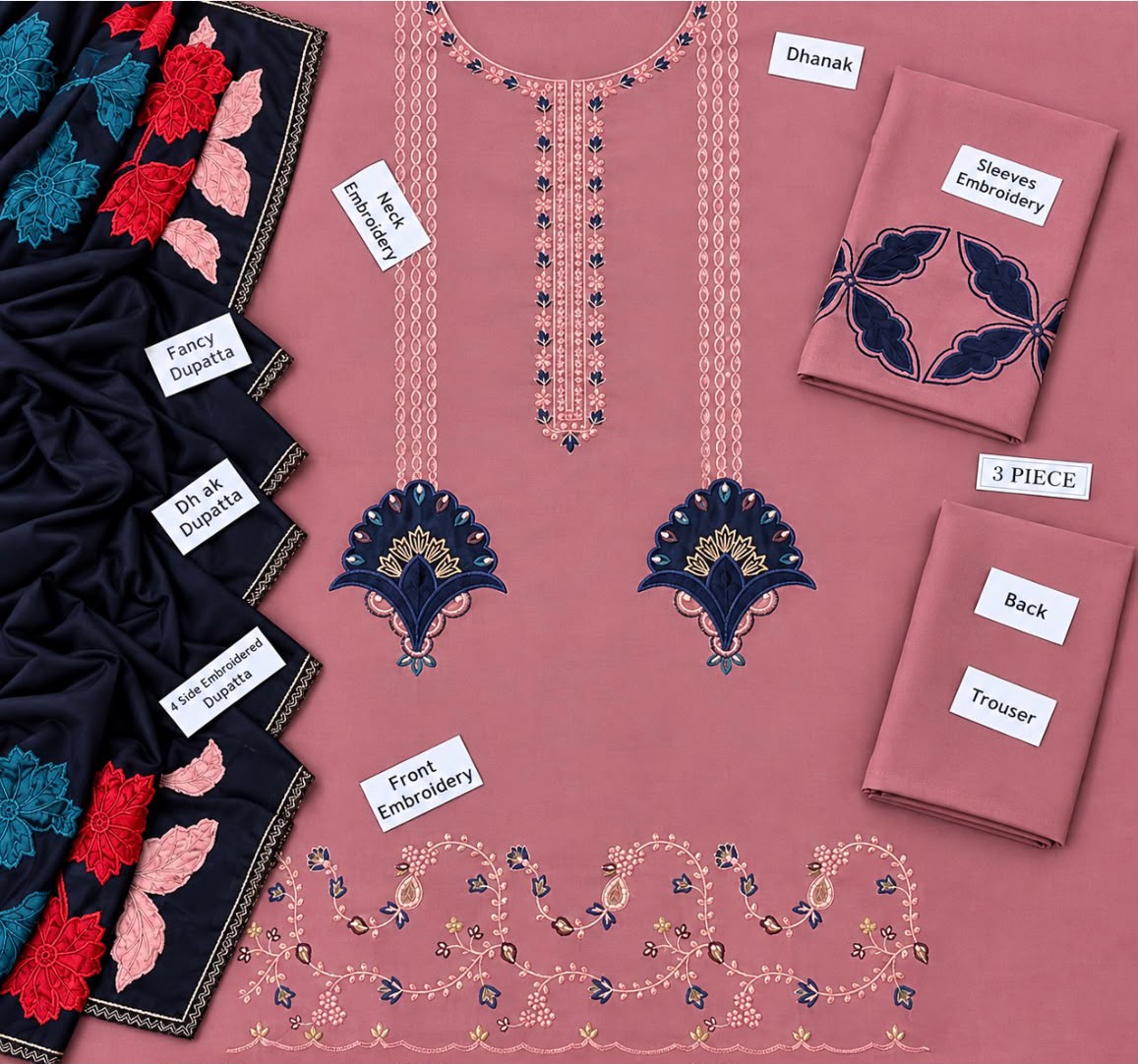 Faiza Rehman Dhanak Embroidered 3PC Suit - DESIGN 02