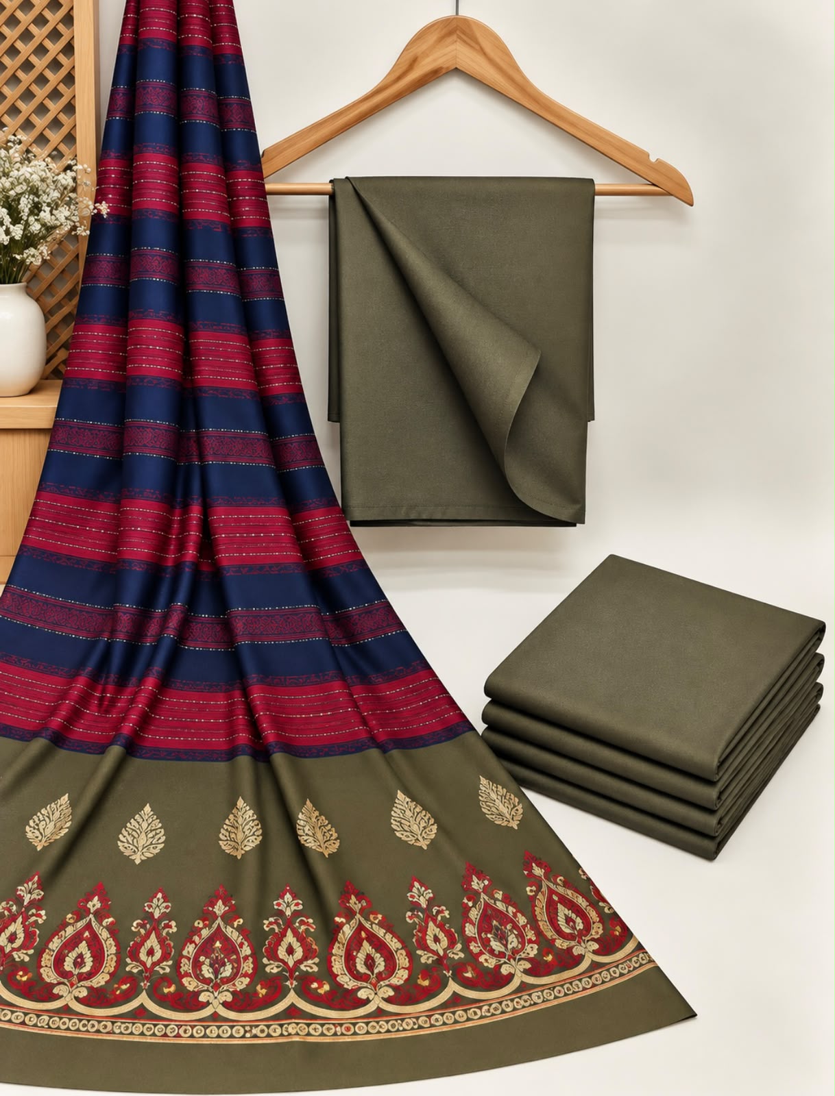 BAREEZE DHANAK 3PC WITH PASHMINA 3D WOOL SHAWL - OLIVE