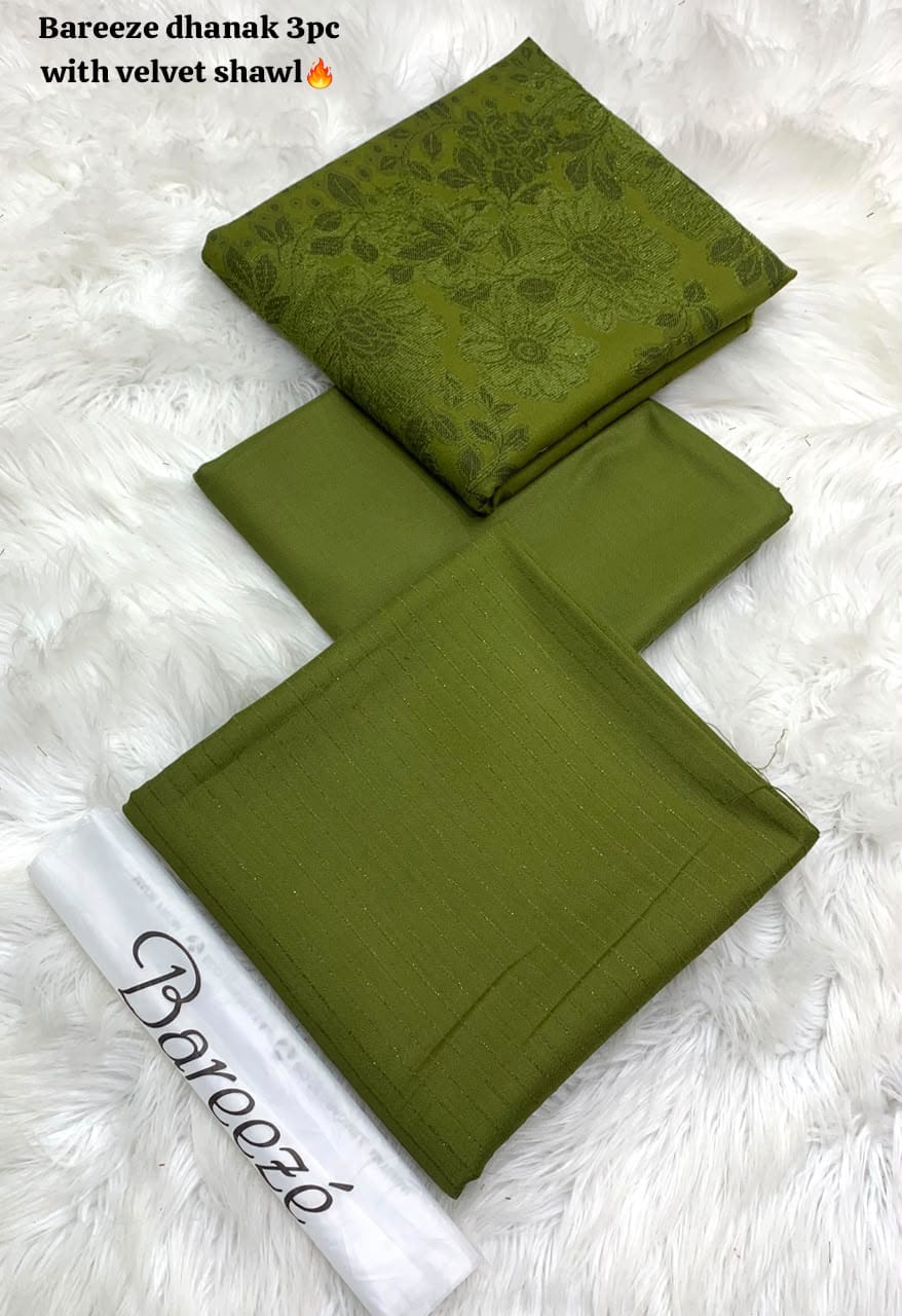 BAREEZE VELVET DHANAK 3PC WITH BROSHIA SHAWL - OLIVE GREEN