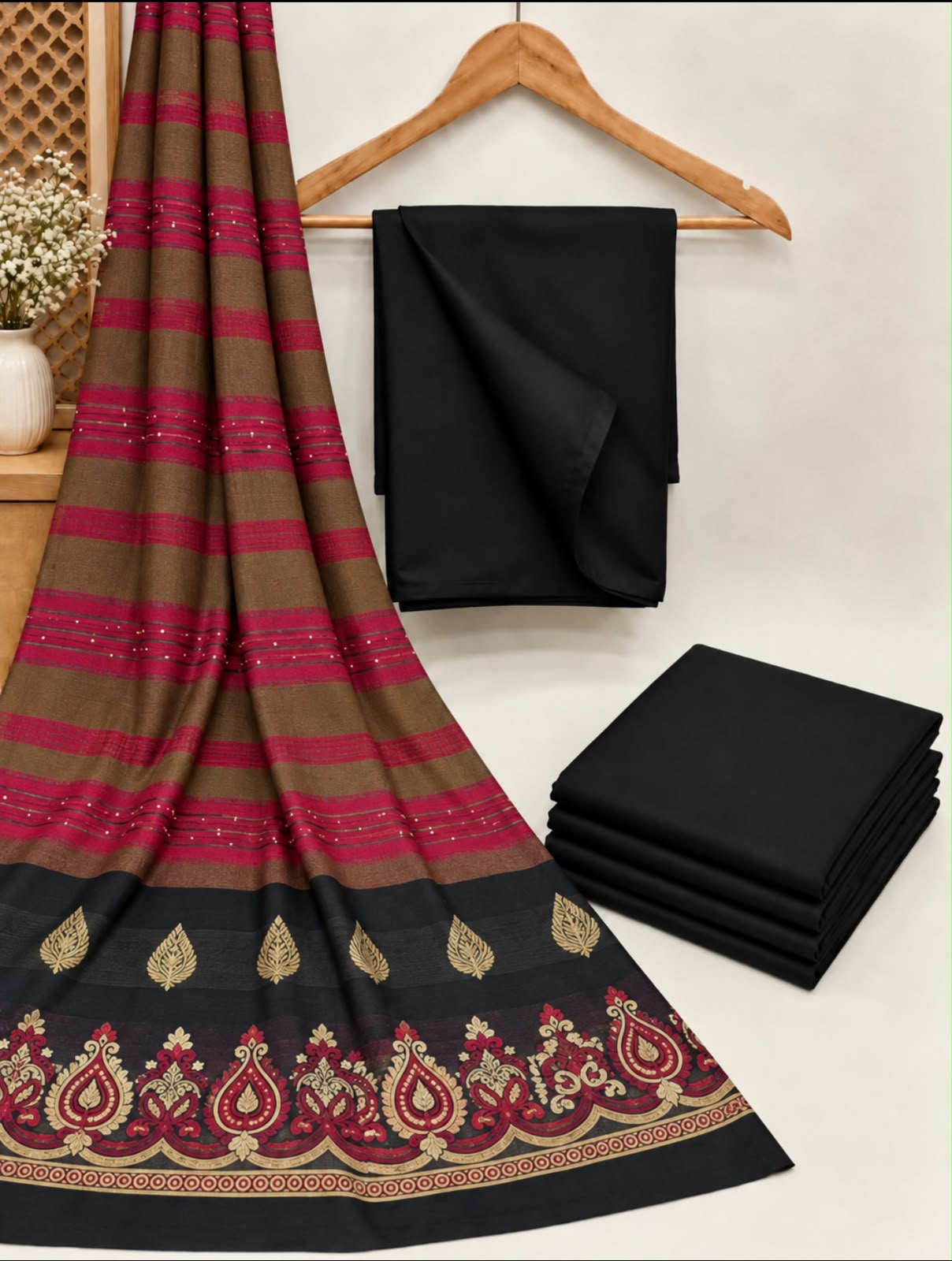 BAREEZE DHANAK 3PC WITH PASHMINA 3D WOOL SHAWL - BLACK