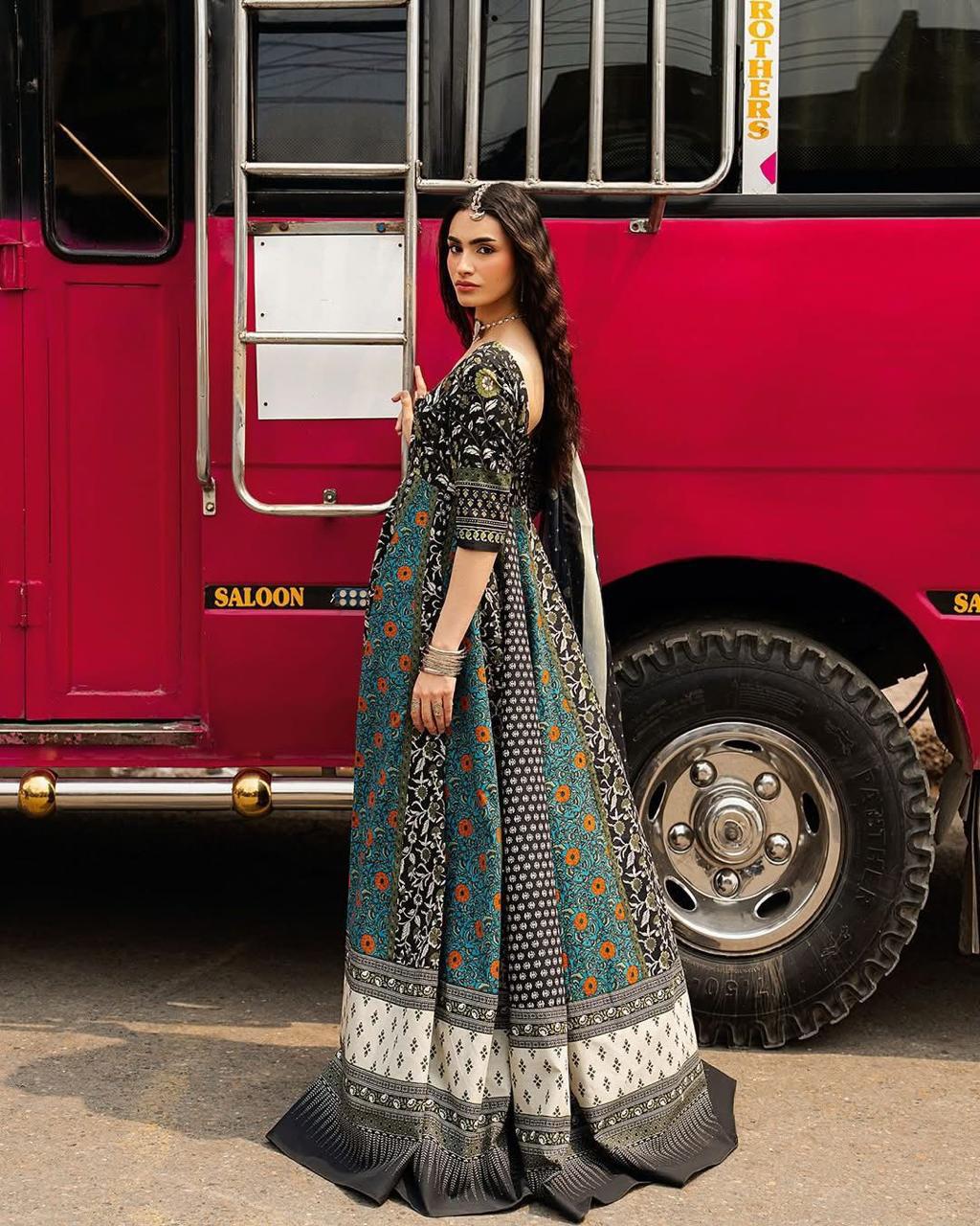 Digital Printed Doria Lawn Dori Larkan Frock 3pc - Design 01
