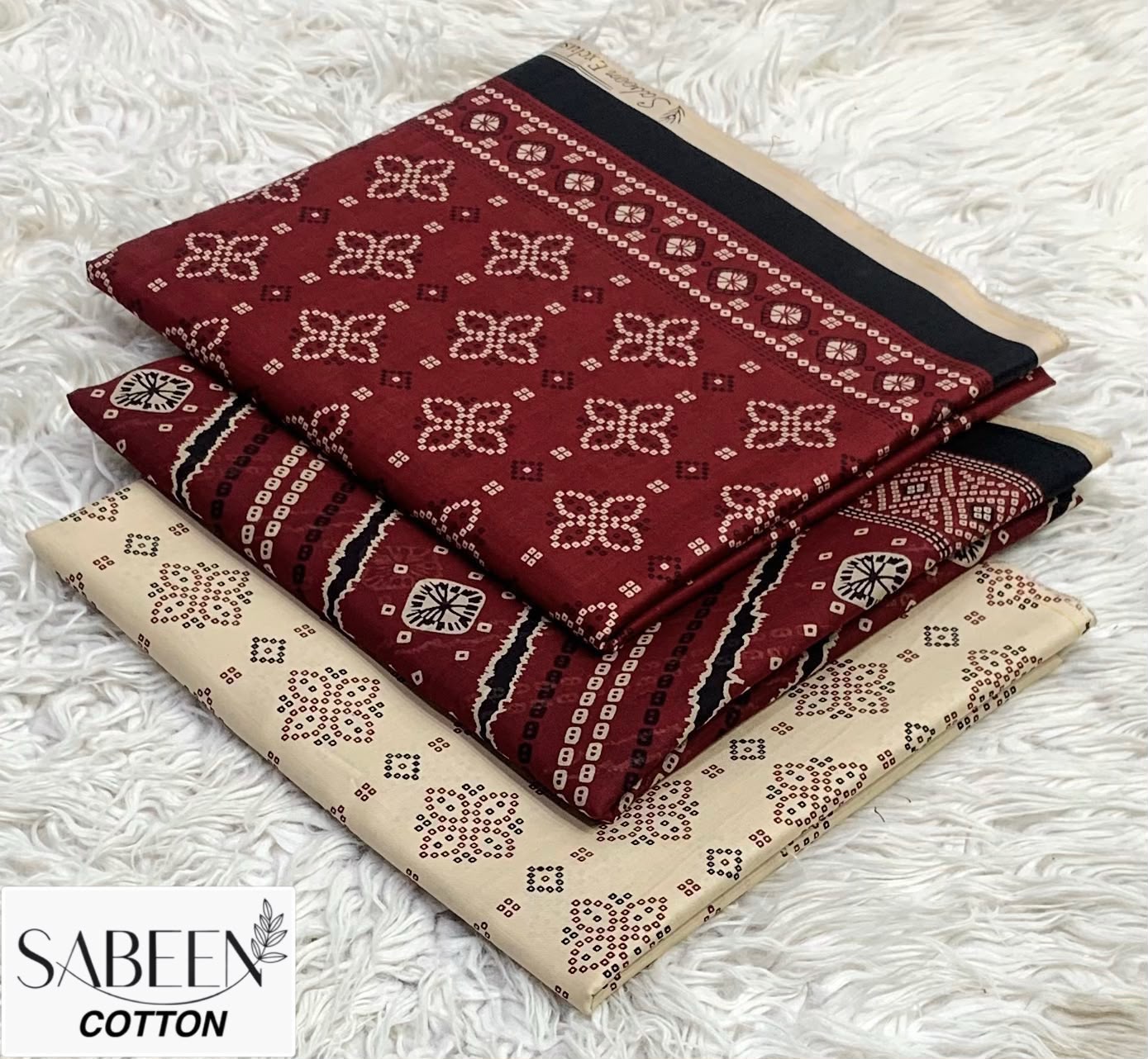 SABEEN COTTON ORIGINAL 3PC - MAROON BEIGE