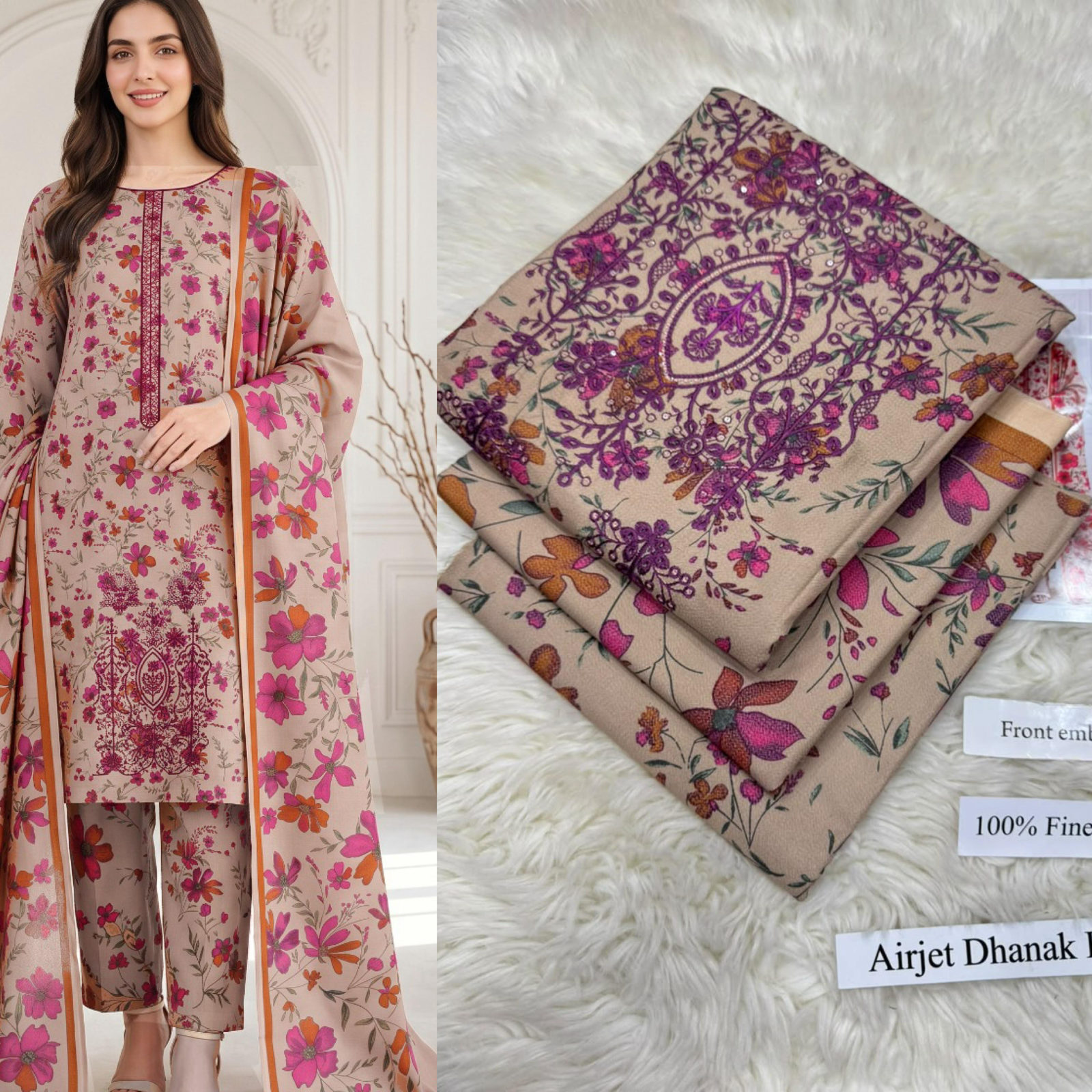 Airjet Dhanak with Dhanak Dupatta Panel Sequence Embroidered - DESIGN 13