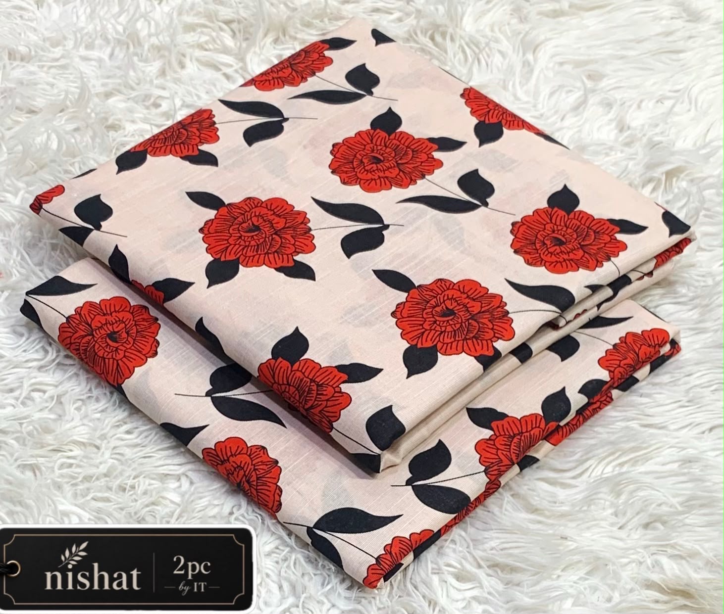 NISHAT ALLOVER KHADDAR 2PC BY IT - CREAM RED ROSE