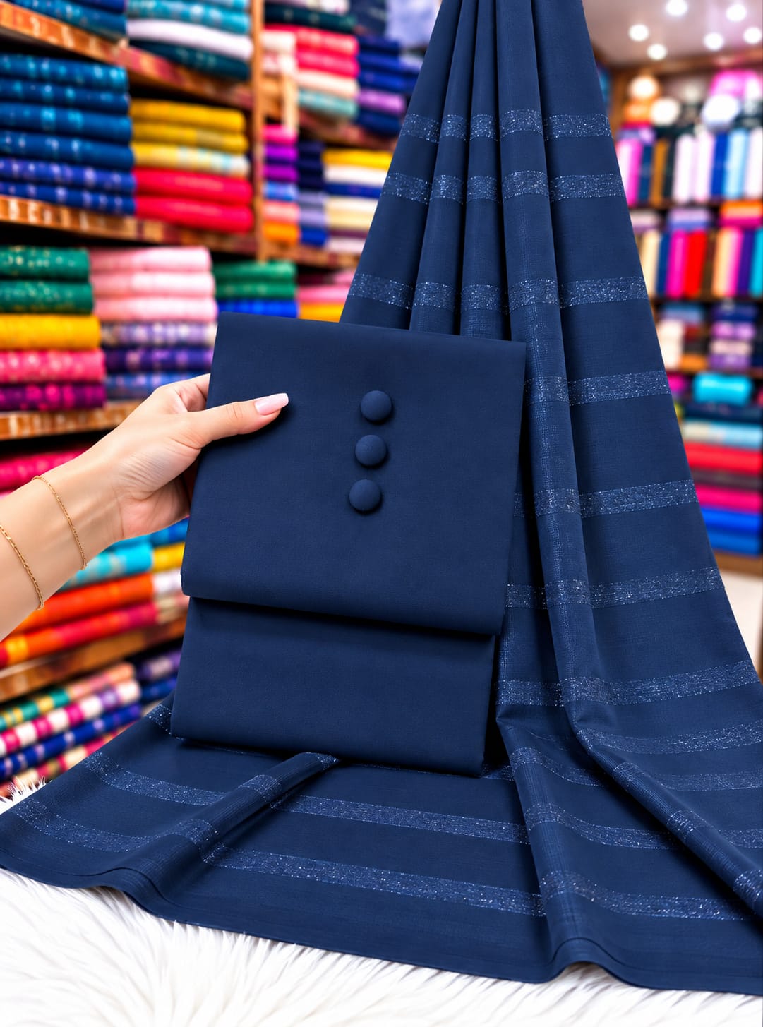 DHANAK SHAWL WITH CHAMKI VELVET STRIPS 3PC - NAVY BLUE