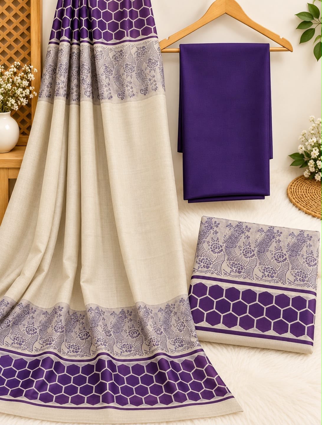 BROSHIA JACQUARD ACRYLIC PASHMINA VELVET SHAWL WITH DHANAK 3PC - PURPLE