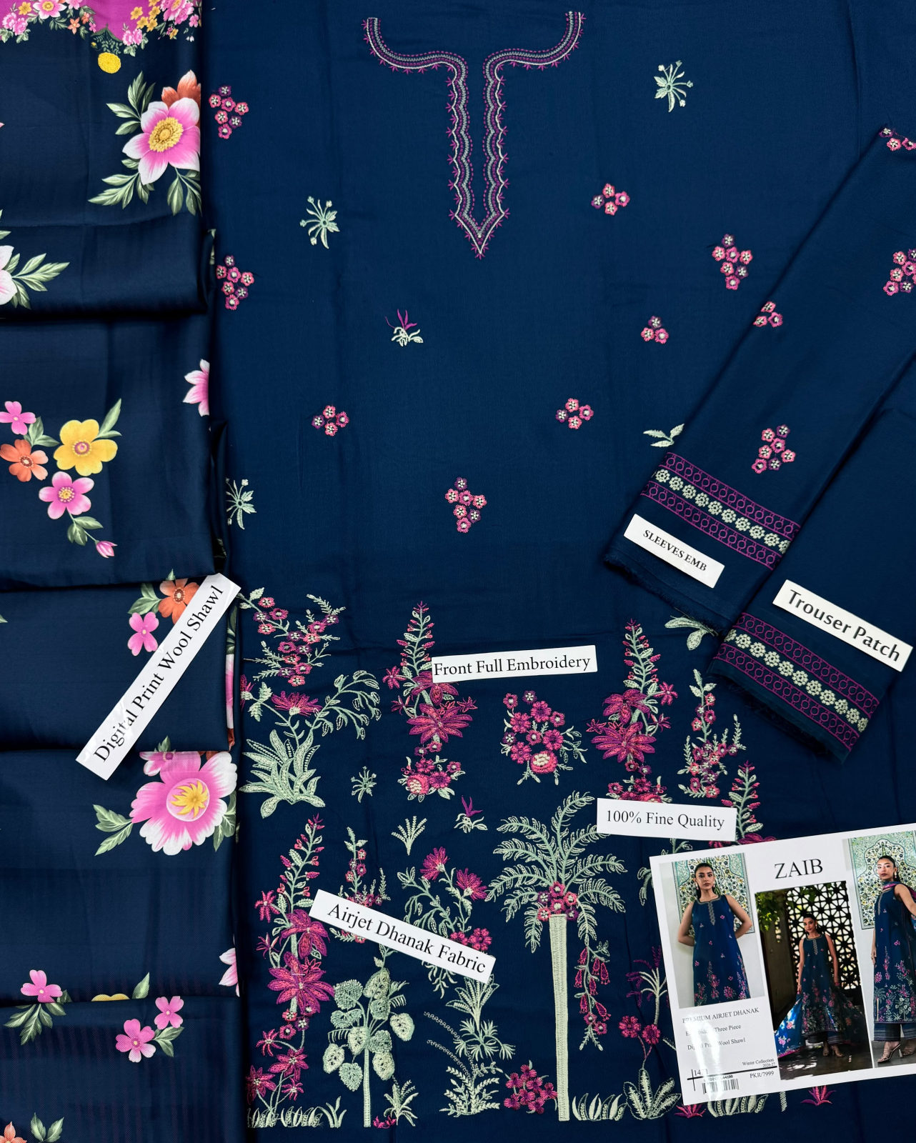 Zaib Dhanak Embroidered 3PC Suit D#1431 - DESIGN 03