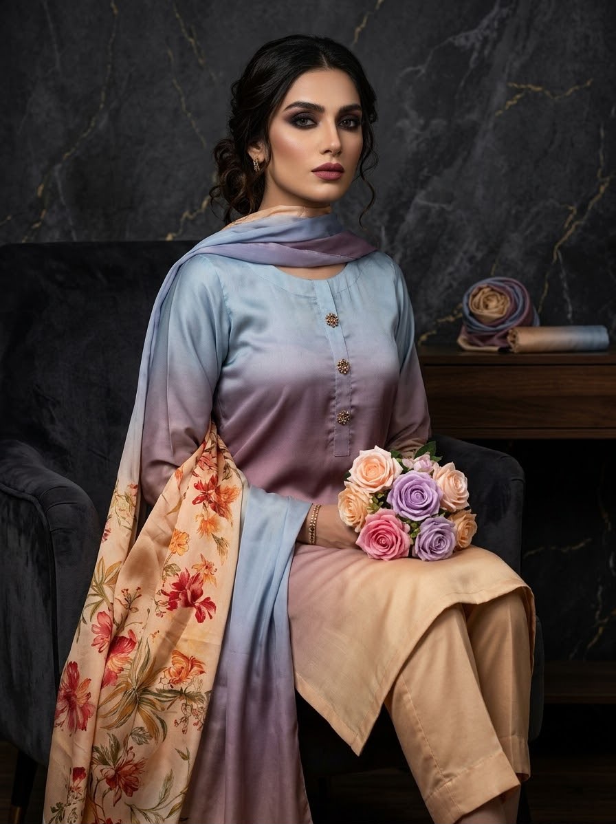 Digital Printed Shamoz Silk 3pc Suit - DESIGN 83