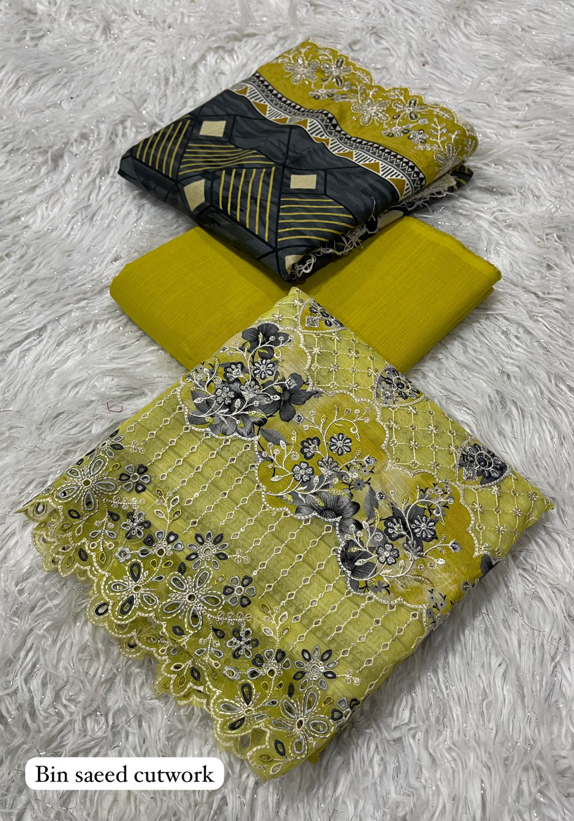 RAWAYAT BIN SAEED KHADDAR CUTWORK 3PC - BLACK LIME