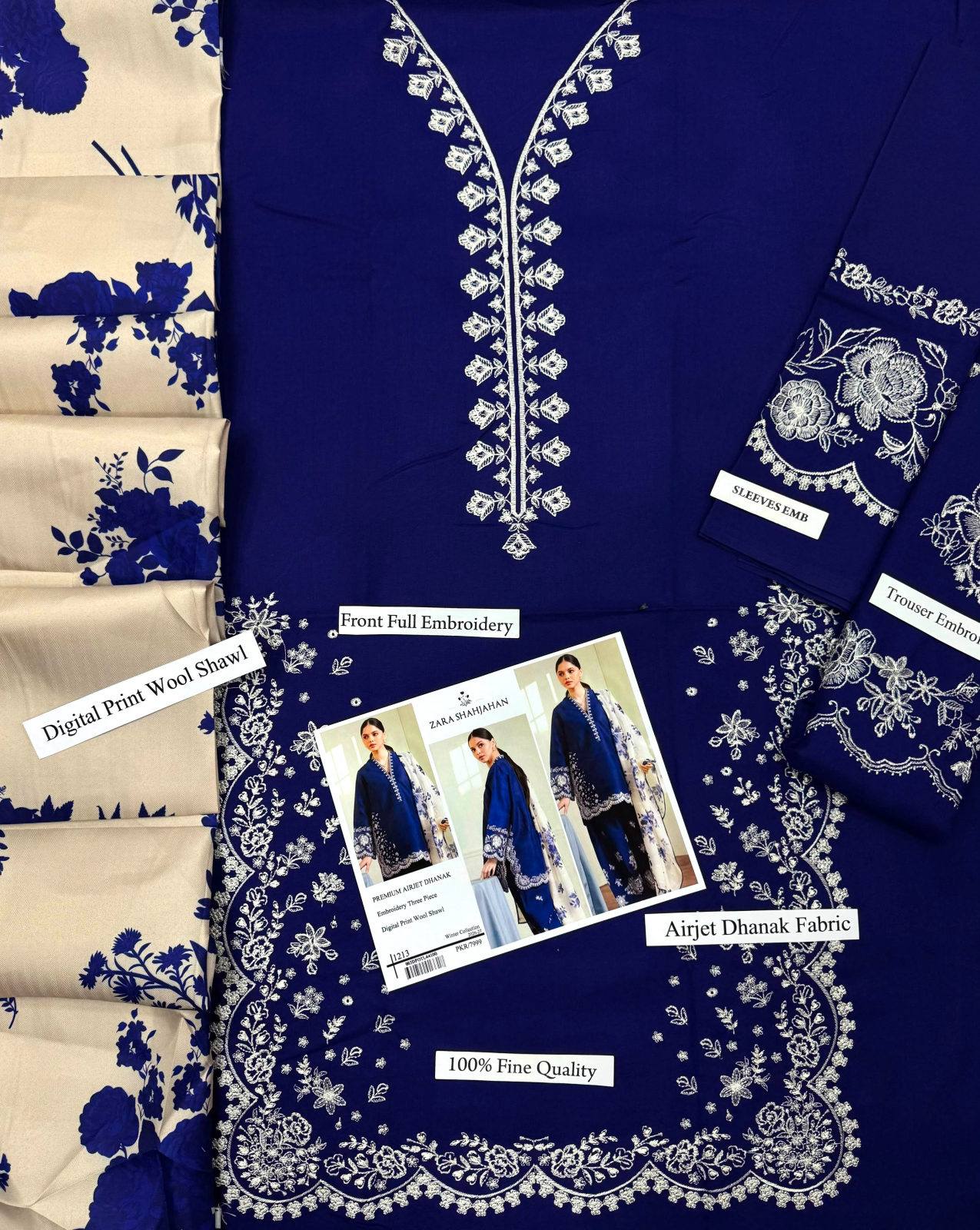 ZARA SHAHJAHAN PREMIUM AIRJET DHANAK WITH DIGITAL WOOL SHAWL - NAVY BLUE