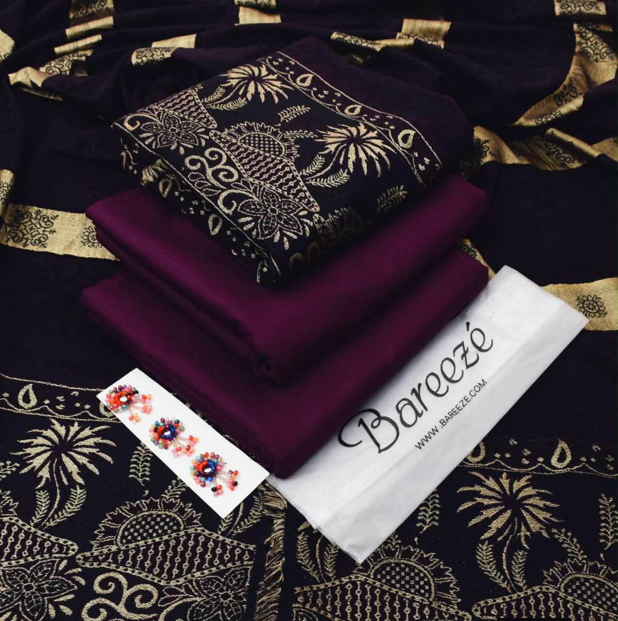 DHANAK MARINA 3PC WITH JACQUARD PASHMINA 3D SHAWL - PURPLE