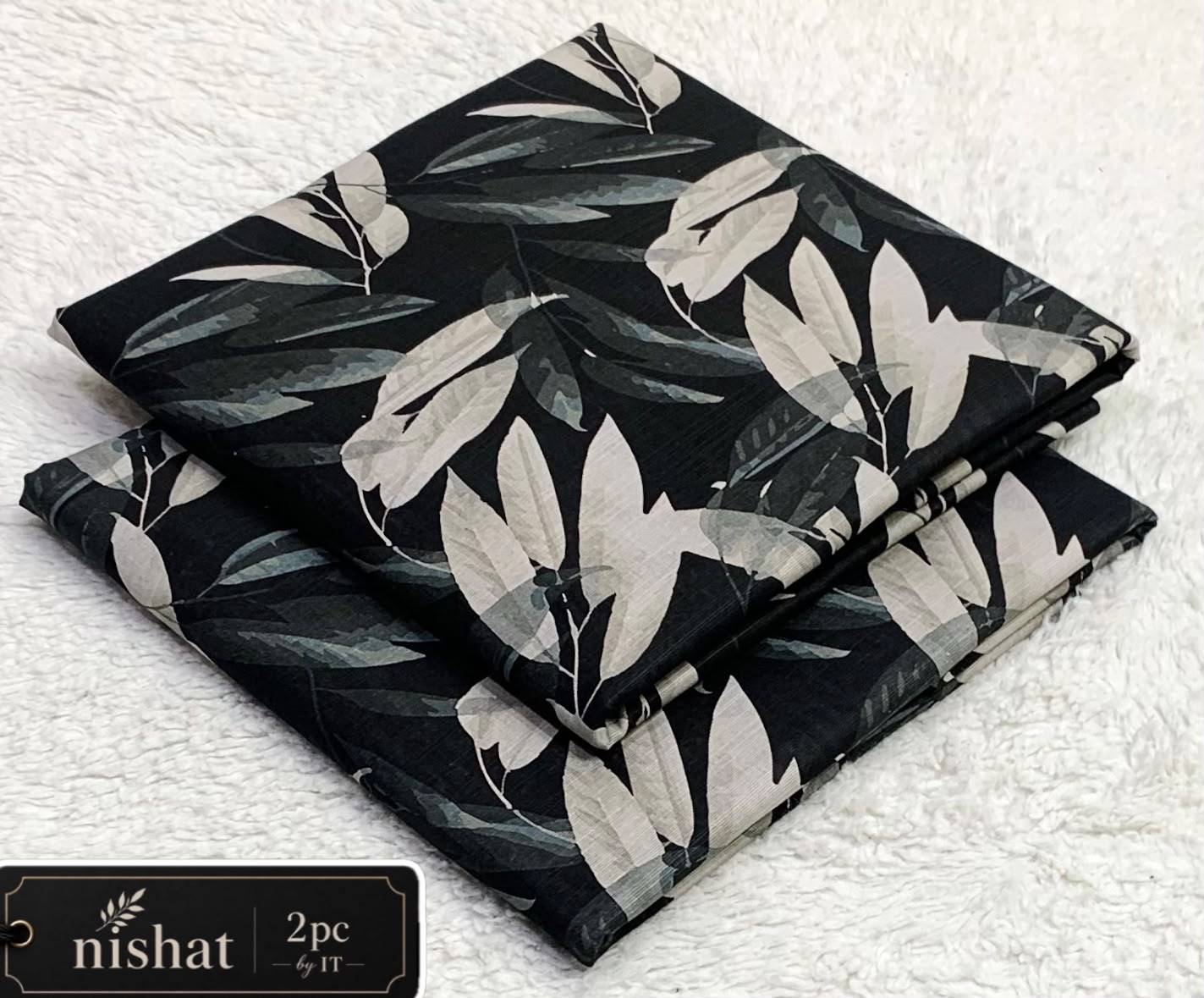 NISHAT ALLOVER KHADDAR 2PC BY IT - BLACK WHITE LEAF