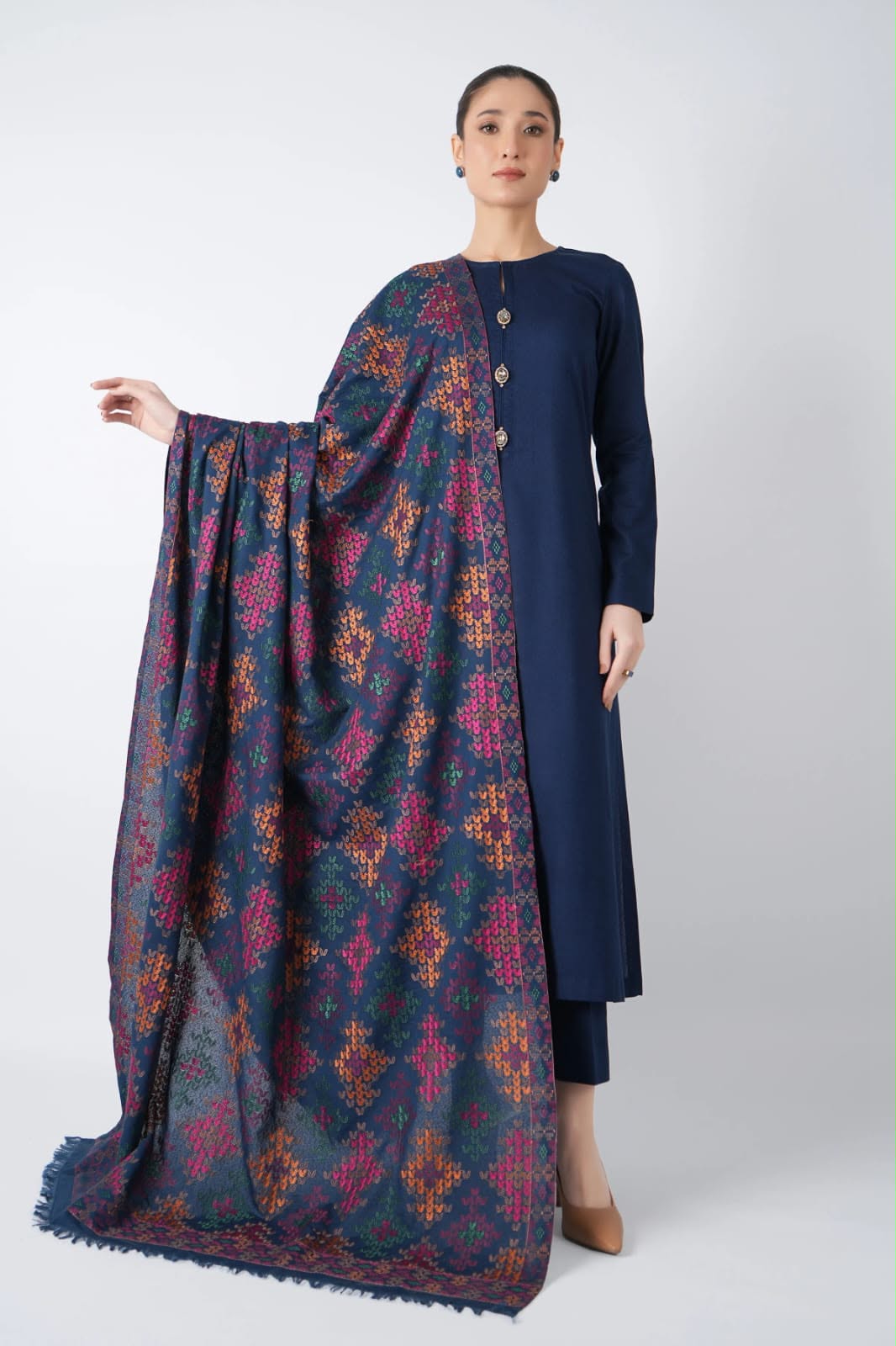 BAREEZE 6202 PLAIN DHANAK WITH KASHMIRI SHAWL - NAVY BLUE