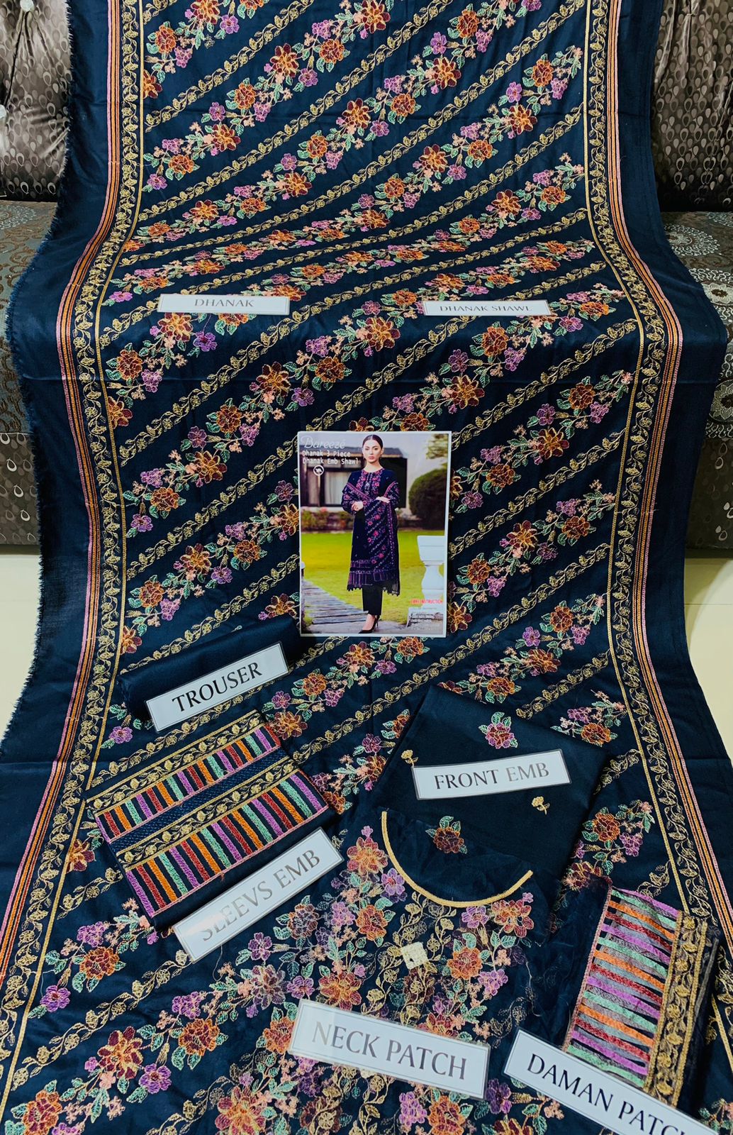 Dhanak 3pc Embroidered Suit with Embroidered Shawl - DESIGN 18