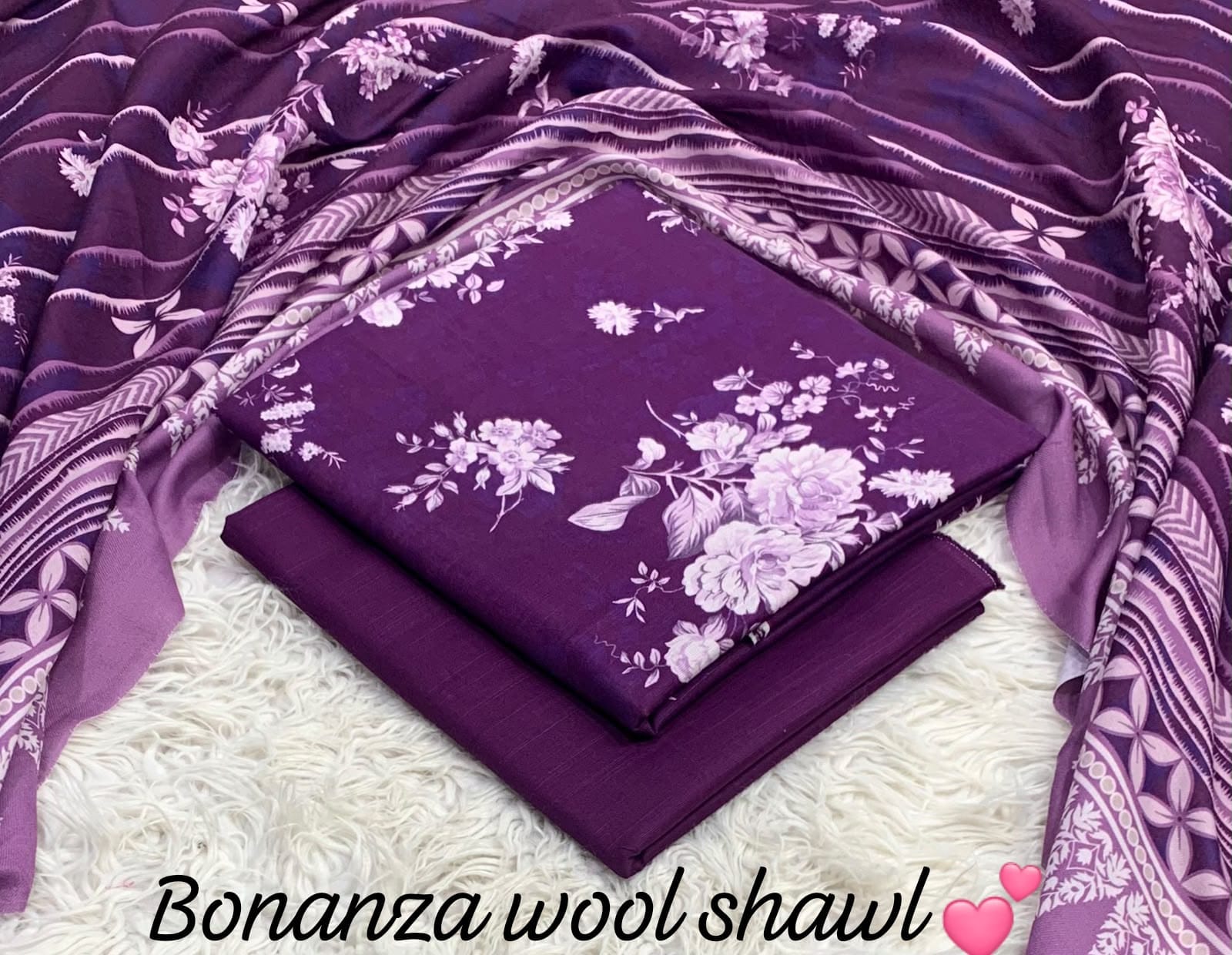 BONANZA KHADDAR WITH BUMBLE WOOL SHAWL 3PC - PURPLE