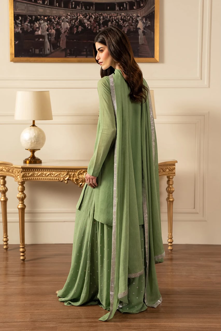 Lulusar Chiffon Lehenga with Crystal Neck Work - Design 01