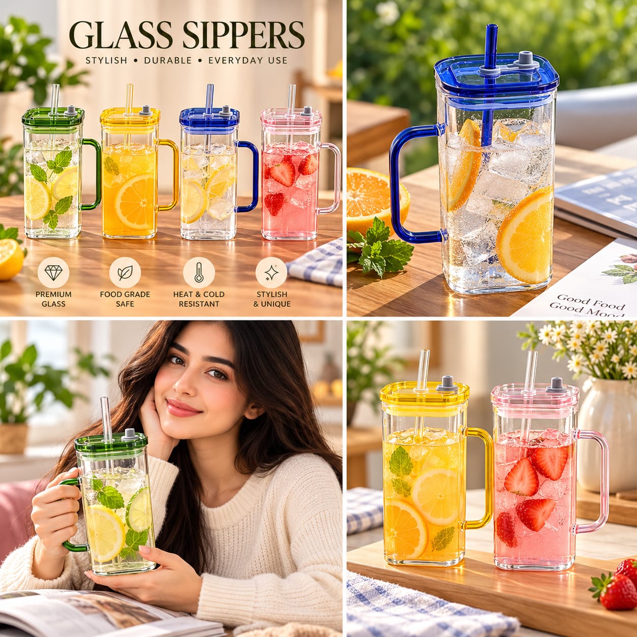 Glass Sipper with Colourful Lid and Straw