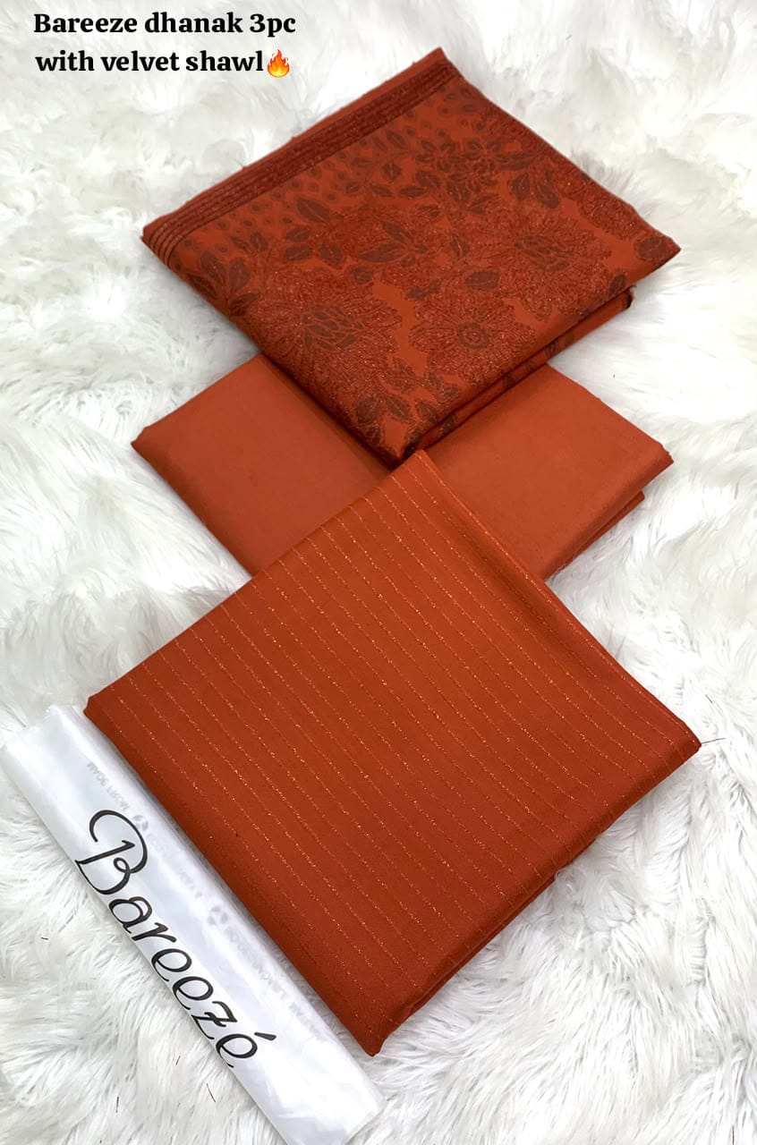 BAREEZE VELVET DHANAK 3PC WITH BROSHIA SHAWL - RUST